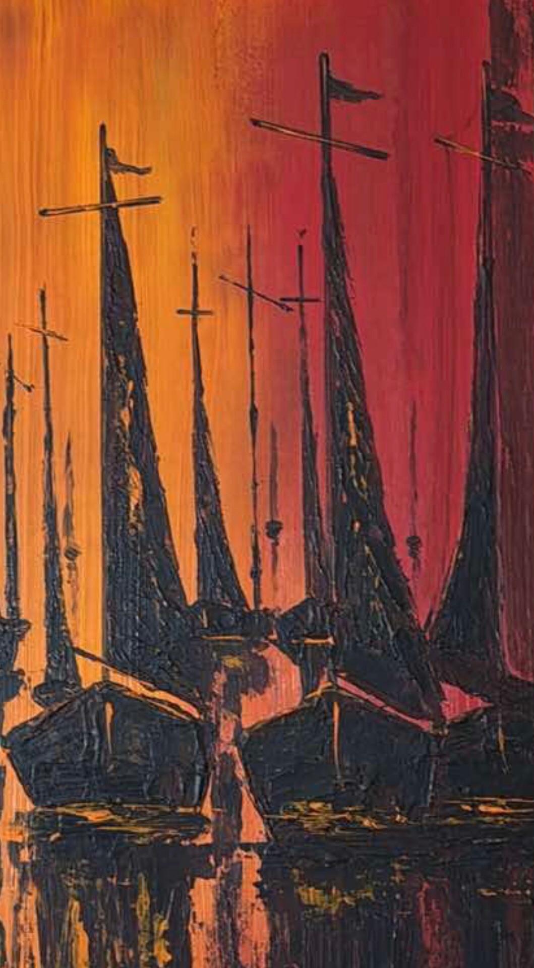 Mid-Century Modern Vintage W. Kwan Mid Century Modern Fiery Abstract Sailboats Nautical Painting For Sale