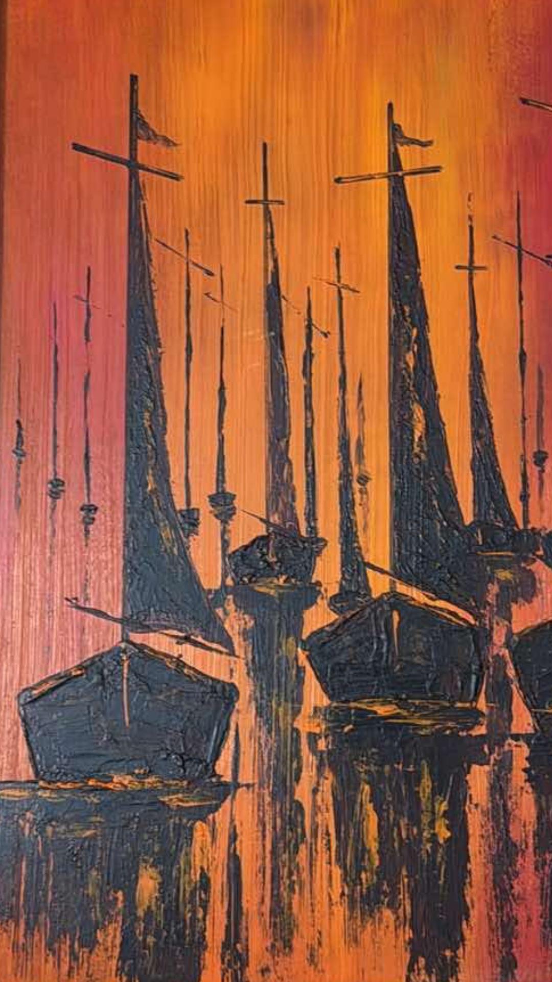 Canadian Vintage W. Kwan Mid Century Modern Fiery Abstract Sailboats Nautical Painting For Sale