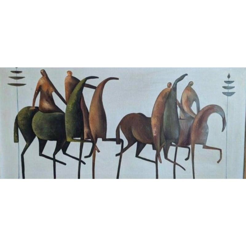 Vintage Original Mid Century Modern French Etruscan Horse & Warriors Bayuex Stareck Style Quadro incorniciato e firmato

Eleganza e stile, cavalli e guerrieri etruschi in marcia, nello stile dell'Arazzo di Bayuex e delle opere di Edgar A.