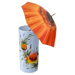 60s MCM Hand Painted Orange Poppy Flower Ceramic Umbrella Stand Holder Italy