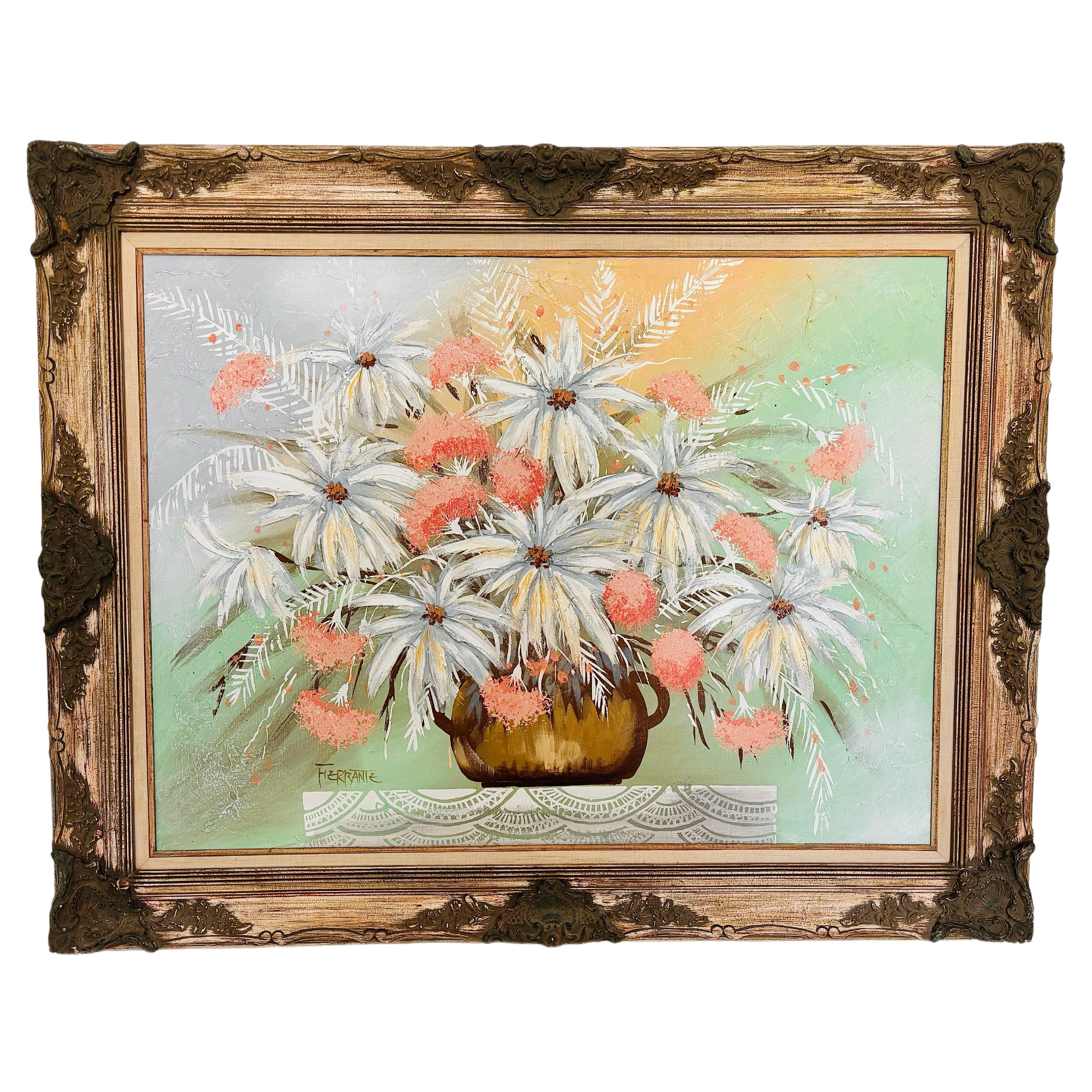 XL Mid Century Modern Elaborately Framed Ferrante Dramatic Flower Still Life (Nature morte à la fleur dramatique)
