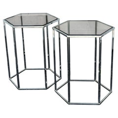 A Pair Of Hexagonal Tables Chrome And Smoked Glass 1970's Vintage Pedestals