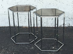 A Pair Of Hexagonal Tables Chrome And Smoked Glass 1970's Vintage Pedestals