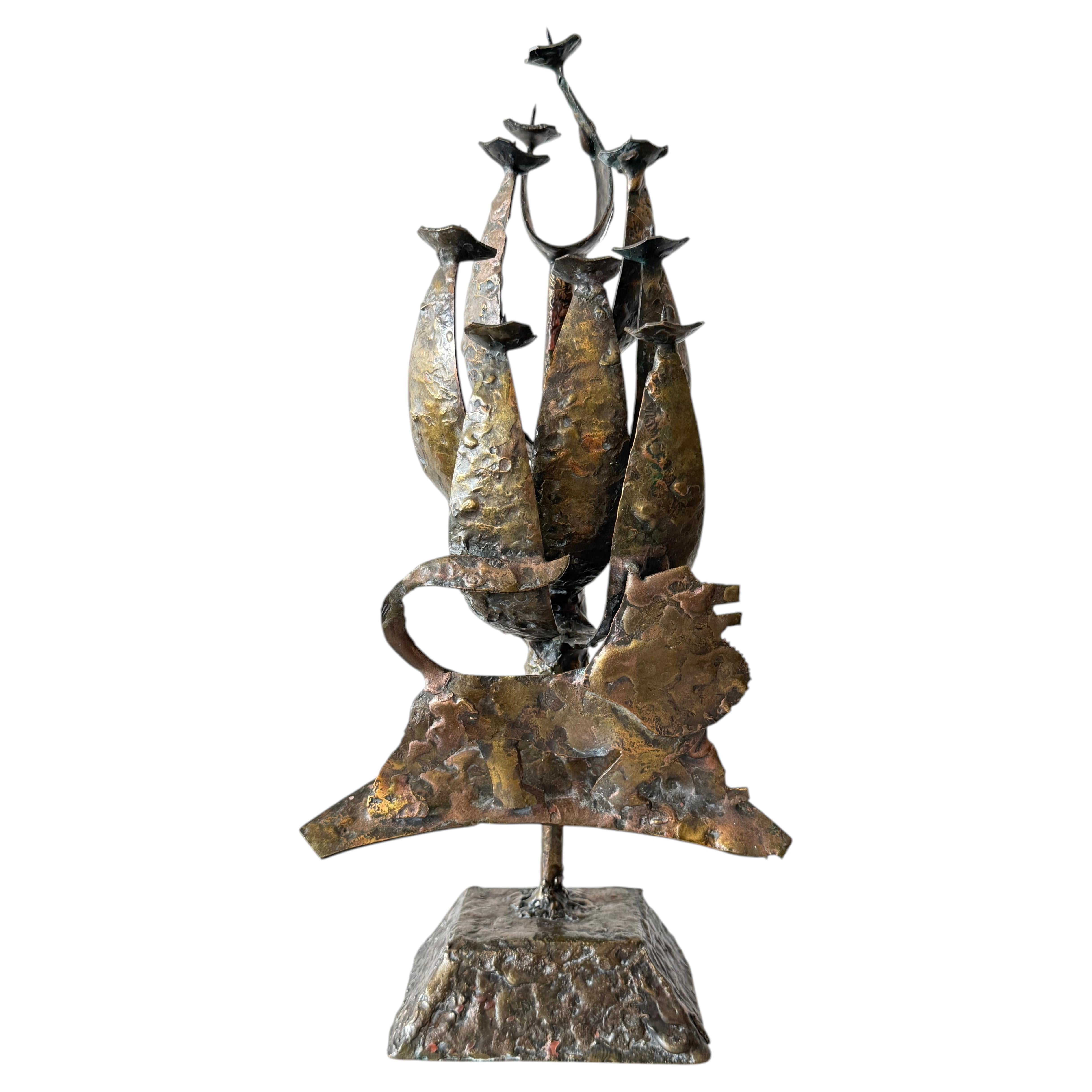 Brutalist 9 Candle Menorah Bronze ca' 1960's Mid Century For Sale