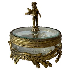 Vintage French Dore Bronze Mounted Glass Dish And Cover Cherub