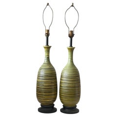 A Pair Of Mid Century Striped Ceramic Lamps ca' 1950's