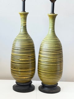 A Pair Of Mid Century Striped Ceramic Lamps ca' 1950's