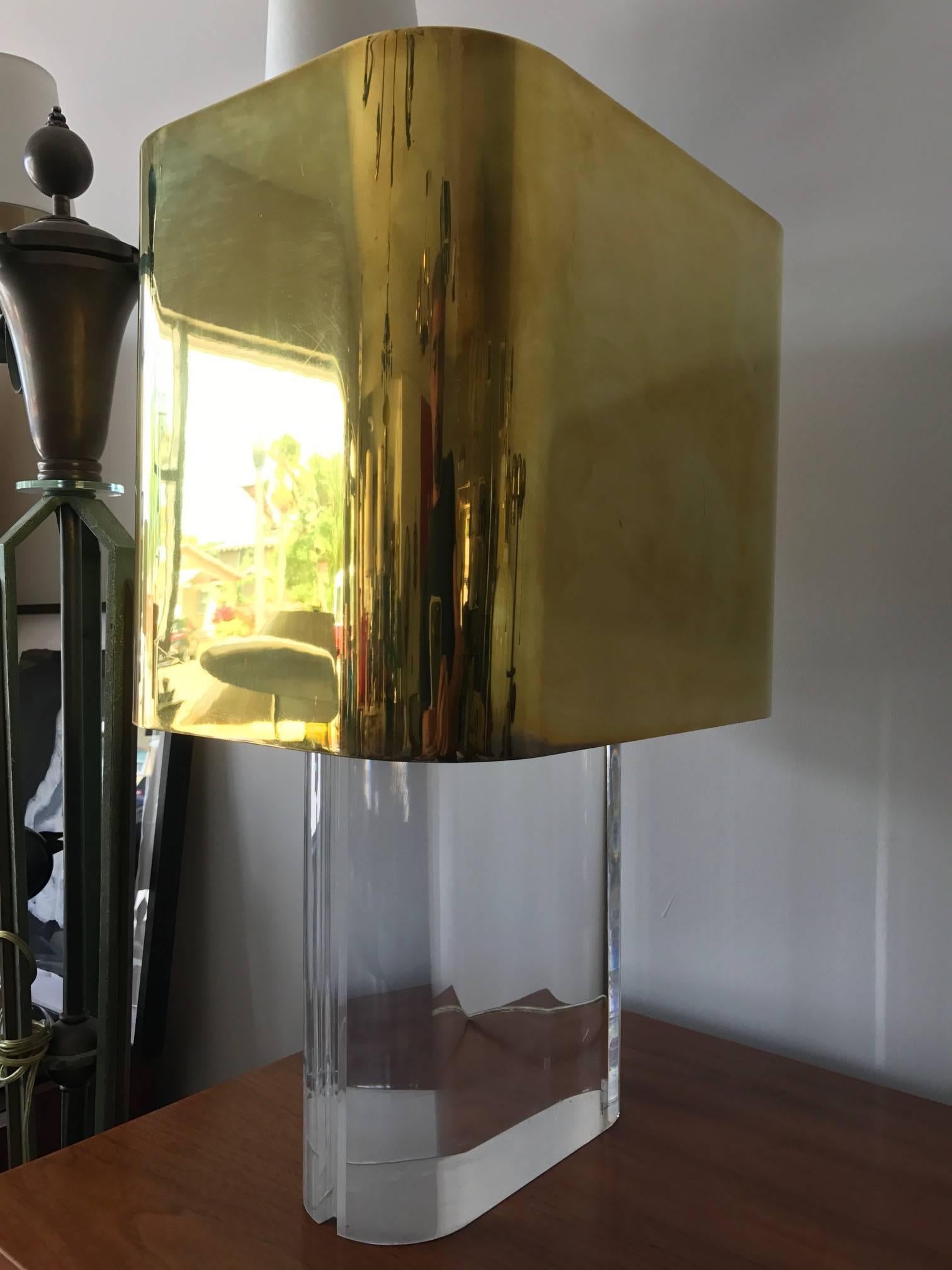 Modern Karl Springer Lucite Table Lamp with Brass Shade