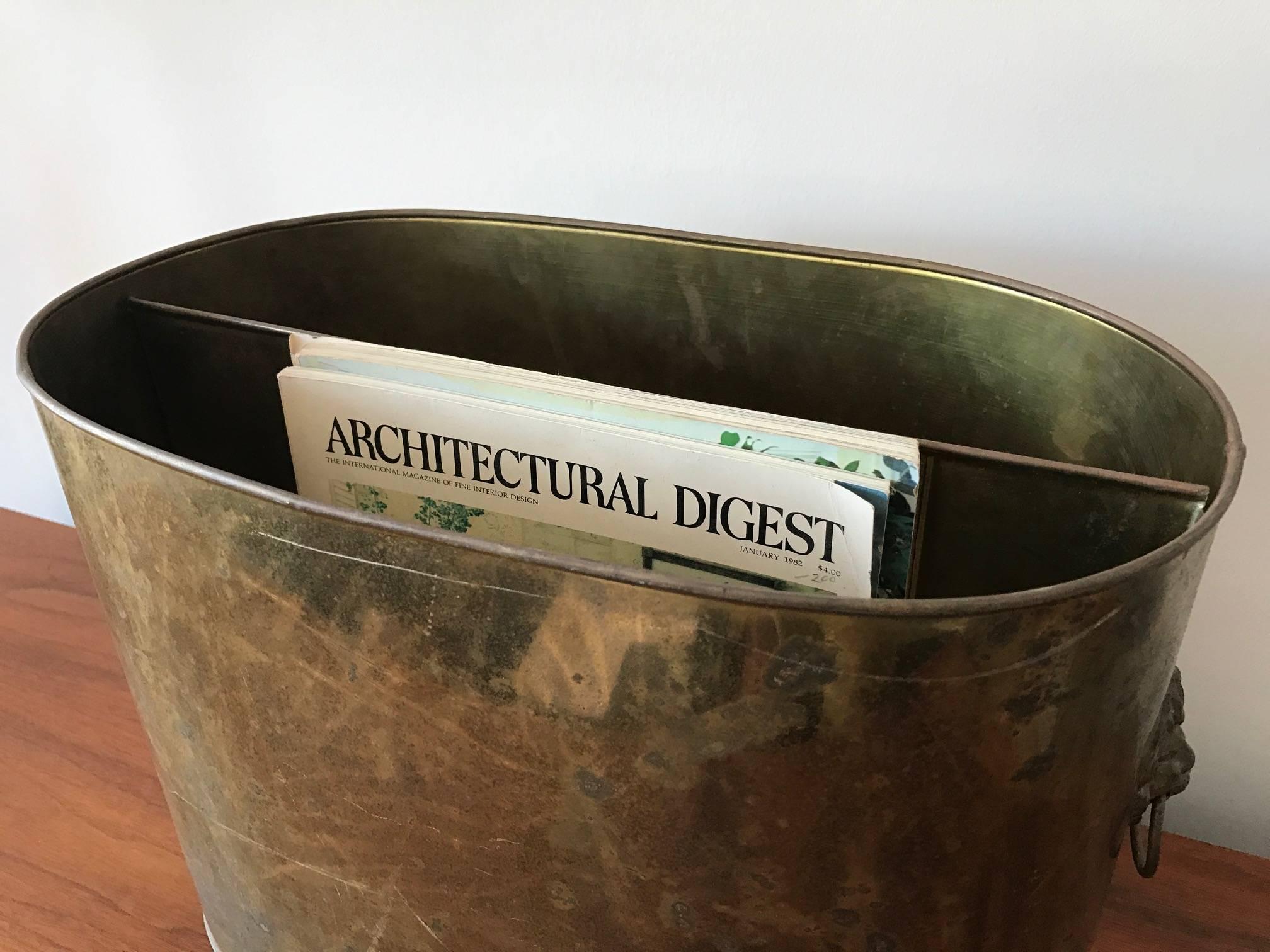 Patinated Brass Magazine Basket In Good Condition In St.Petersburg, FL