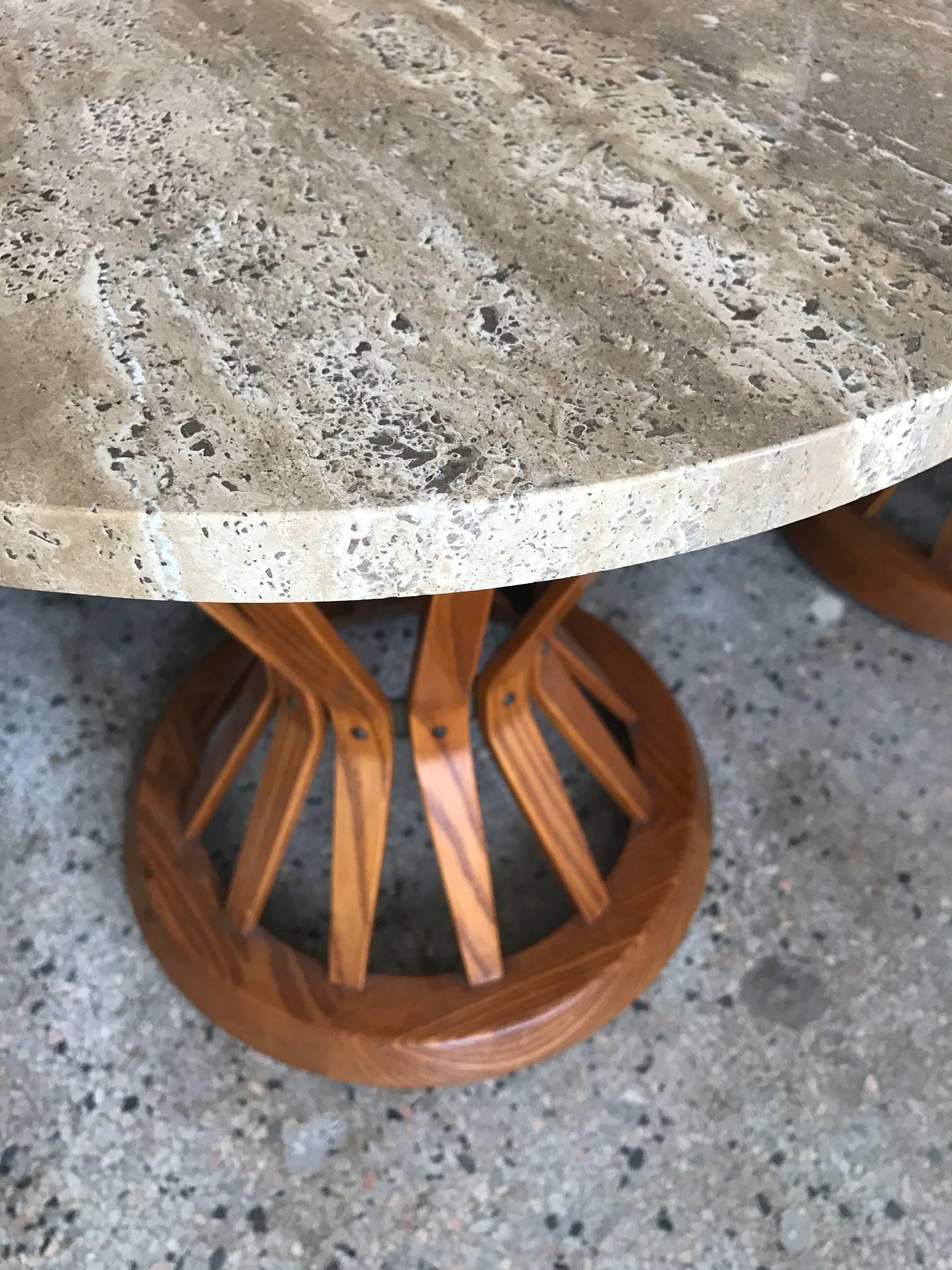 A pair of fine Edward Wormley for Dunbar occasional tables with travertine marble tops. Ash frames in very good original condition. Travertine marble from Carrara, Italy has no issues, beautiful graining. Both have Dunbar labels. Could be pedestals,