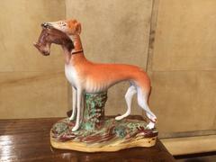 Pair of Straffordshire Greyhounds or Whippets with Rabbits