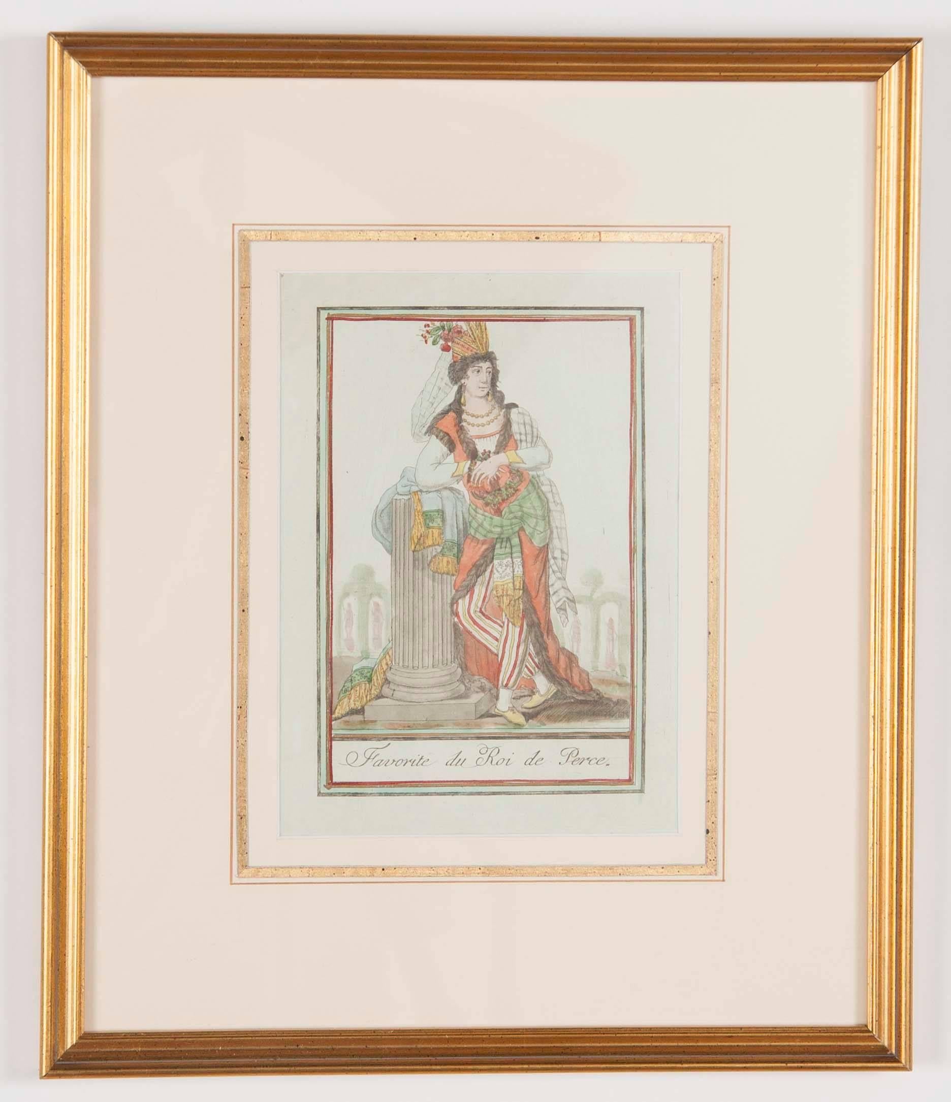 Charming set of six 'Costumes of Various Countries' by Jacques Grasset de Saint-Sauveur, circa 1797. Hand colored engravings on paper. Another six are available in the following listing. Can be purchased as pairs also. Beautifully matted and framed.
