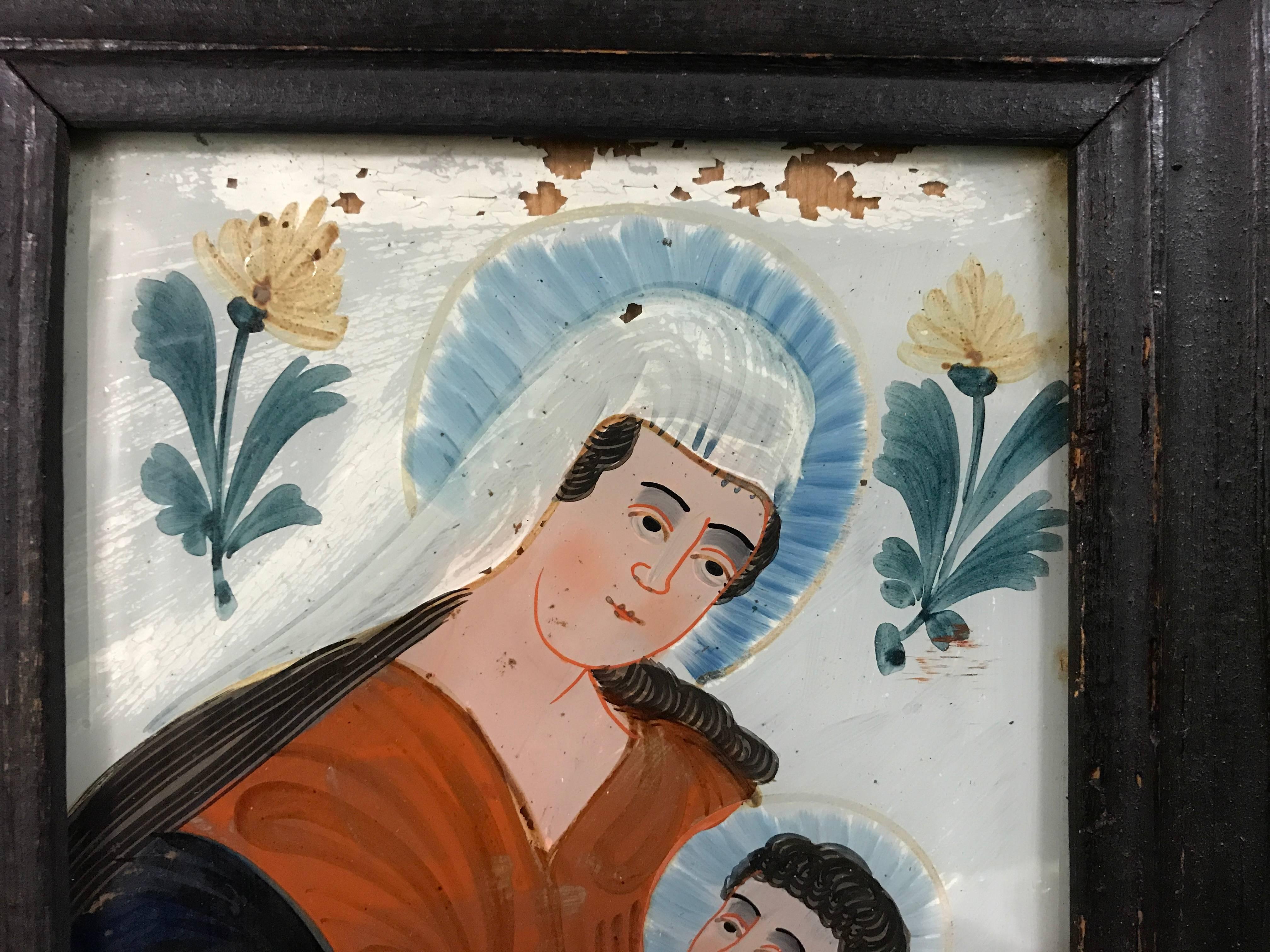 19th Century Madonna and Child Reverse Glass Painting, Germany