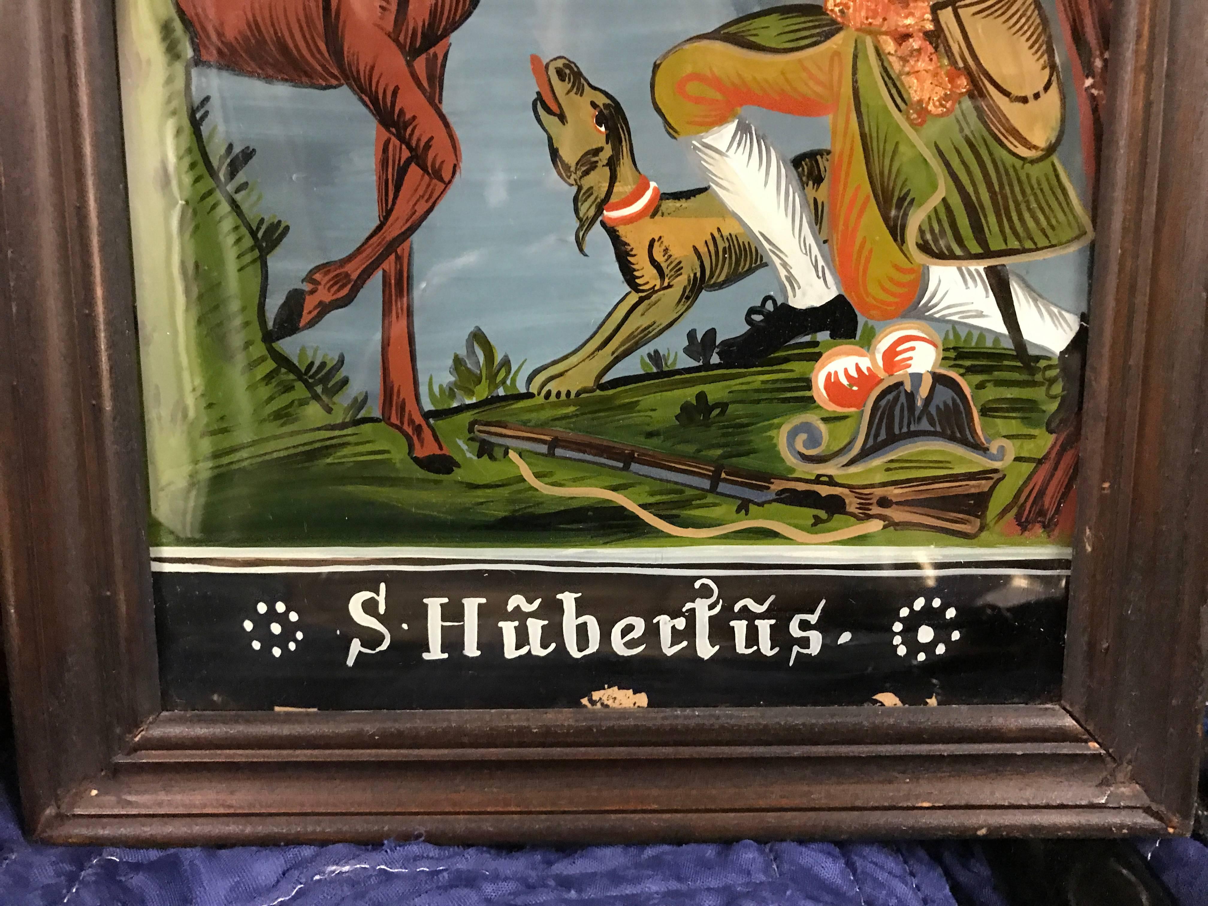 Folk Art Reverse Glass Painting of Saint Hubertus, Patron Saint of Hunters