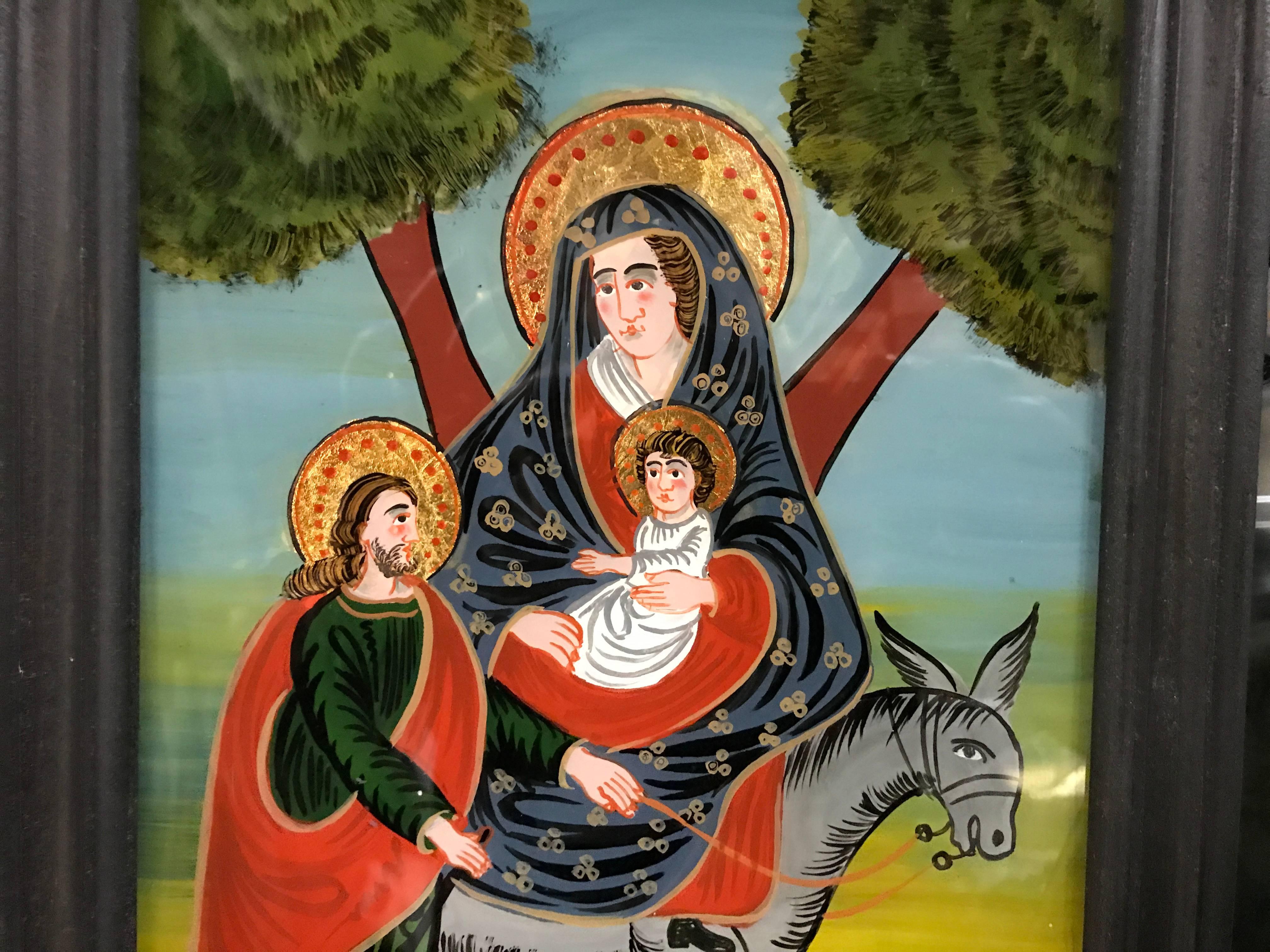 German 19th Century Reverse Glass Painting of The Holy Family, 