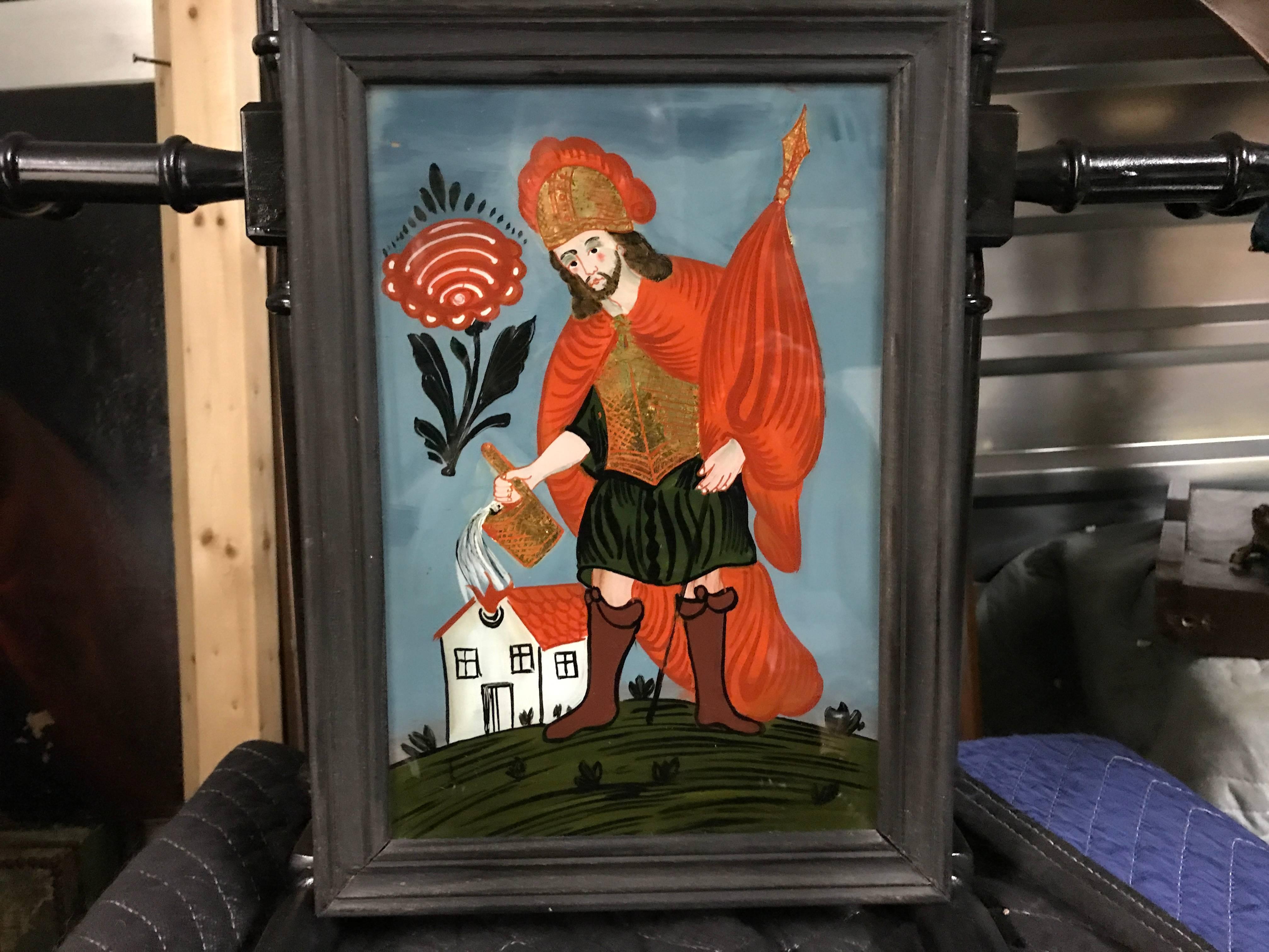 German Austrian Reverse Glass Painting of Saint Florian, Patron Saint of Firefighters