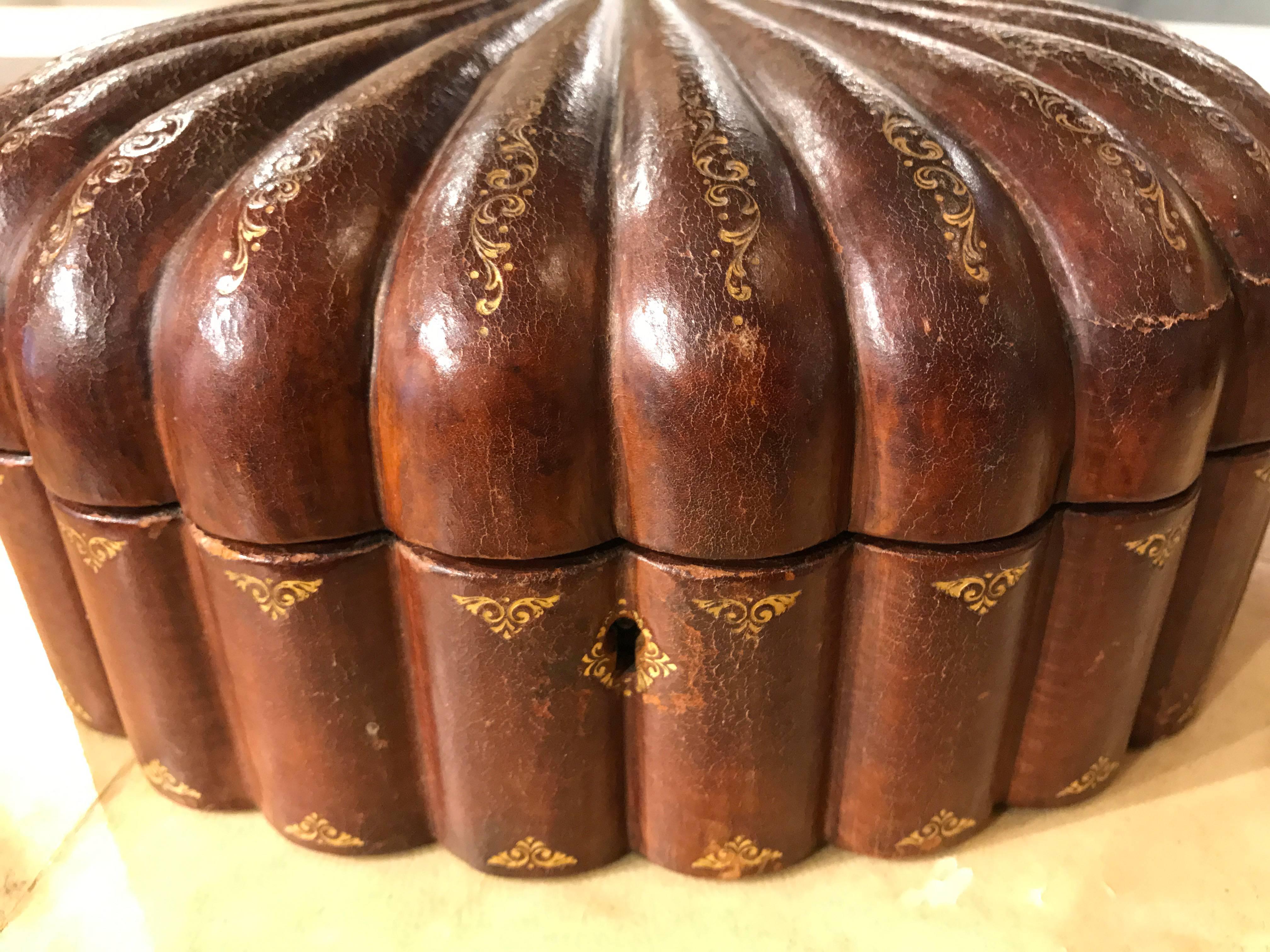 Italian Leather Scallop Shell Form Box with Gilt Tooling In Good Condition In Stamford, CT