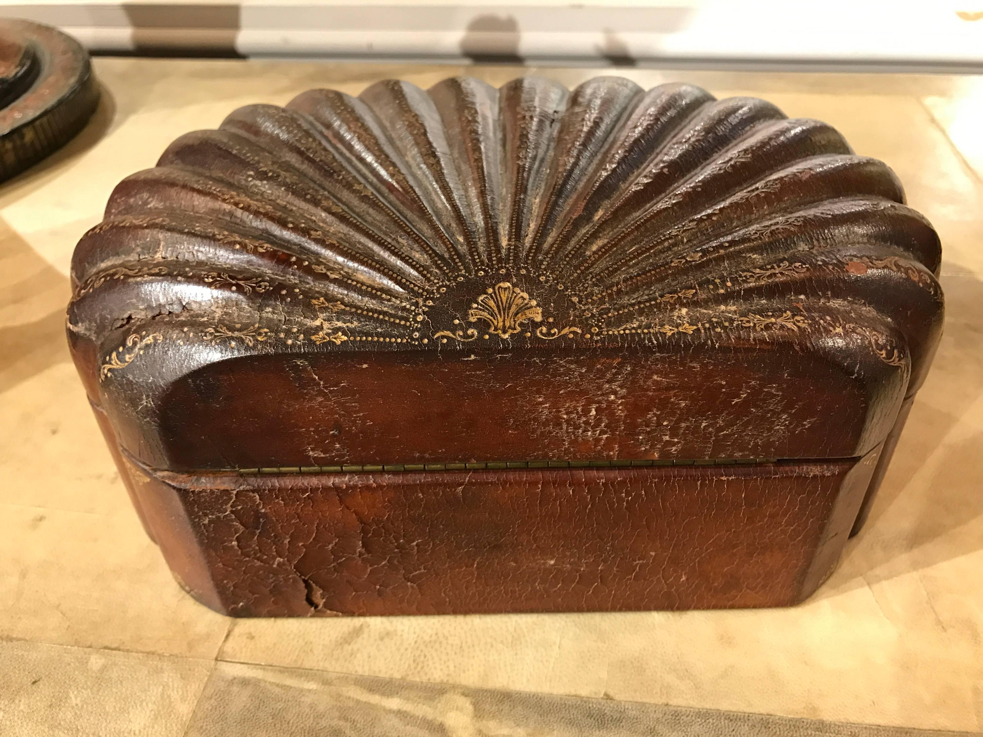 Early 20th Century Italian Leather Scallop Shell Form Box with Gilt Tooling