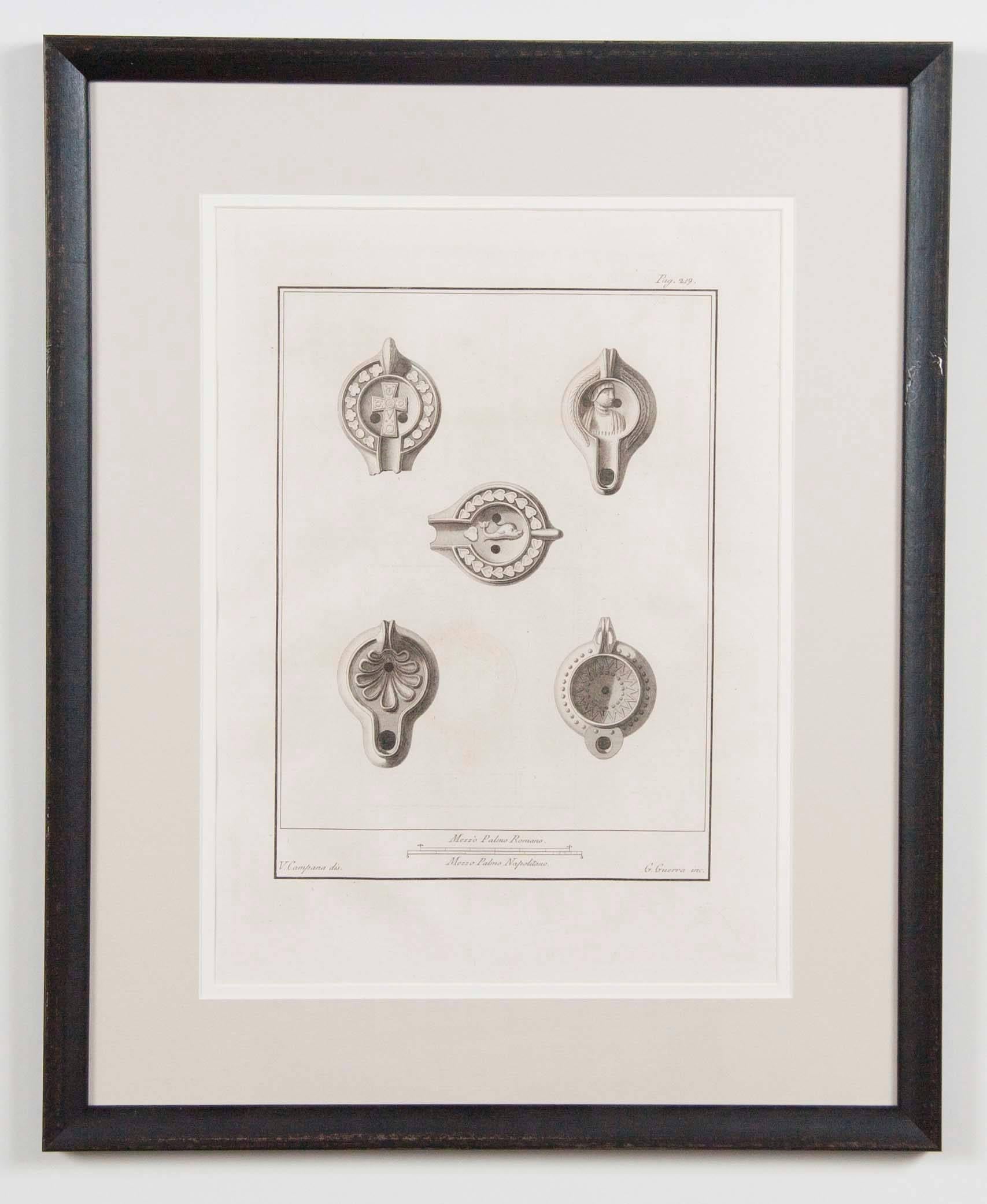 A set of 12 framed copper etched plates depicting various ancient oil lamps excavated from Herculaneum in the 18th century. These high quality etching show in exquisite detail the great quality and variety of the oil lamps from the first