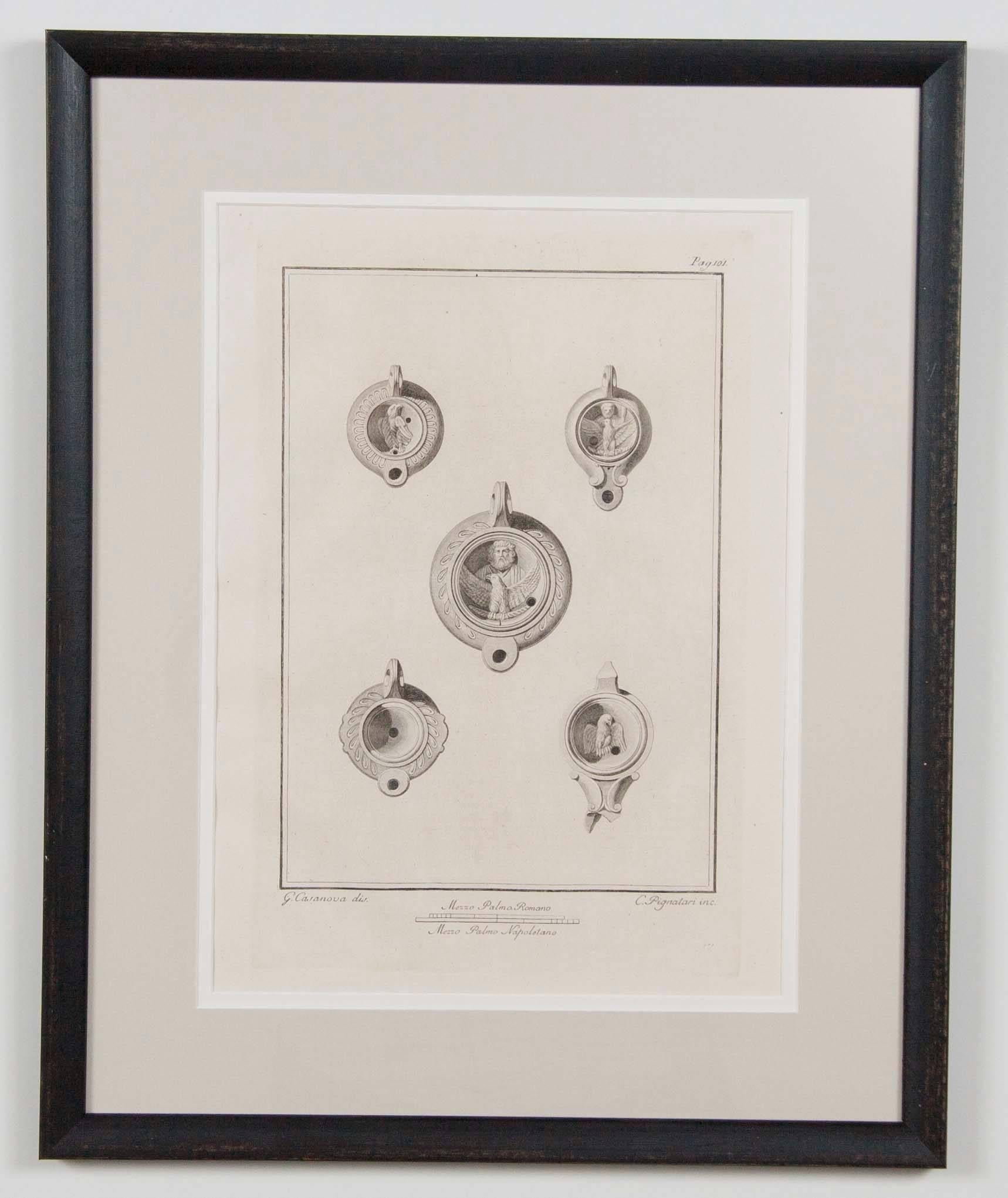 Neoclassical Set Of 12 18th Century Italian Etchings of Roman Oil Lamps, Herculaneum For Sale