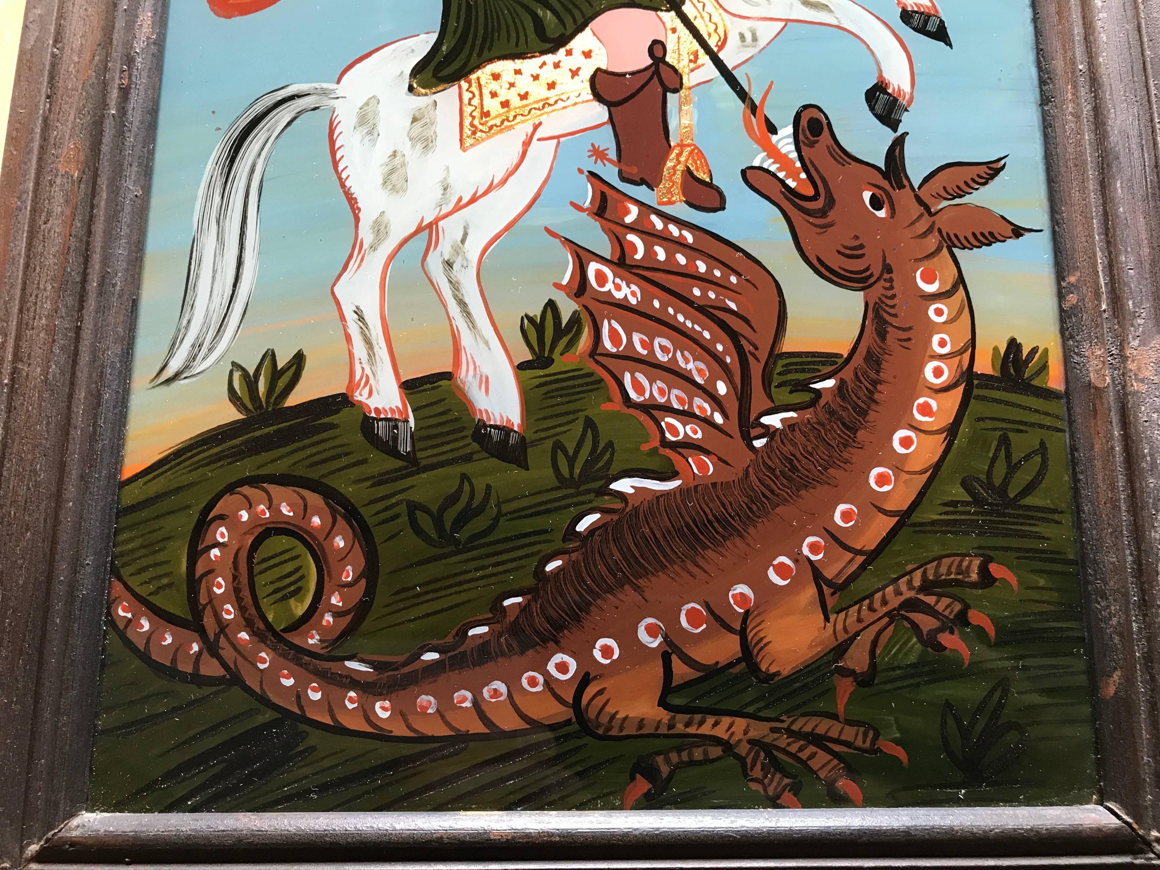 Hinterglasmalerei von Saint George und dem Drachen (Deutsch) im Angebot