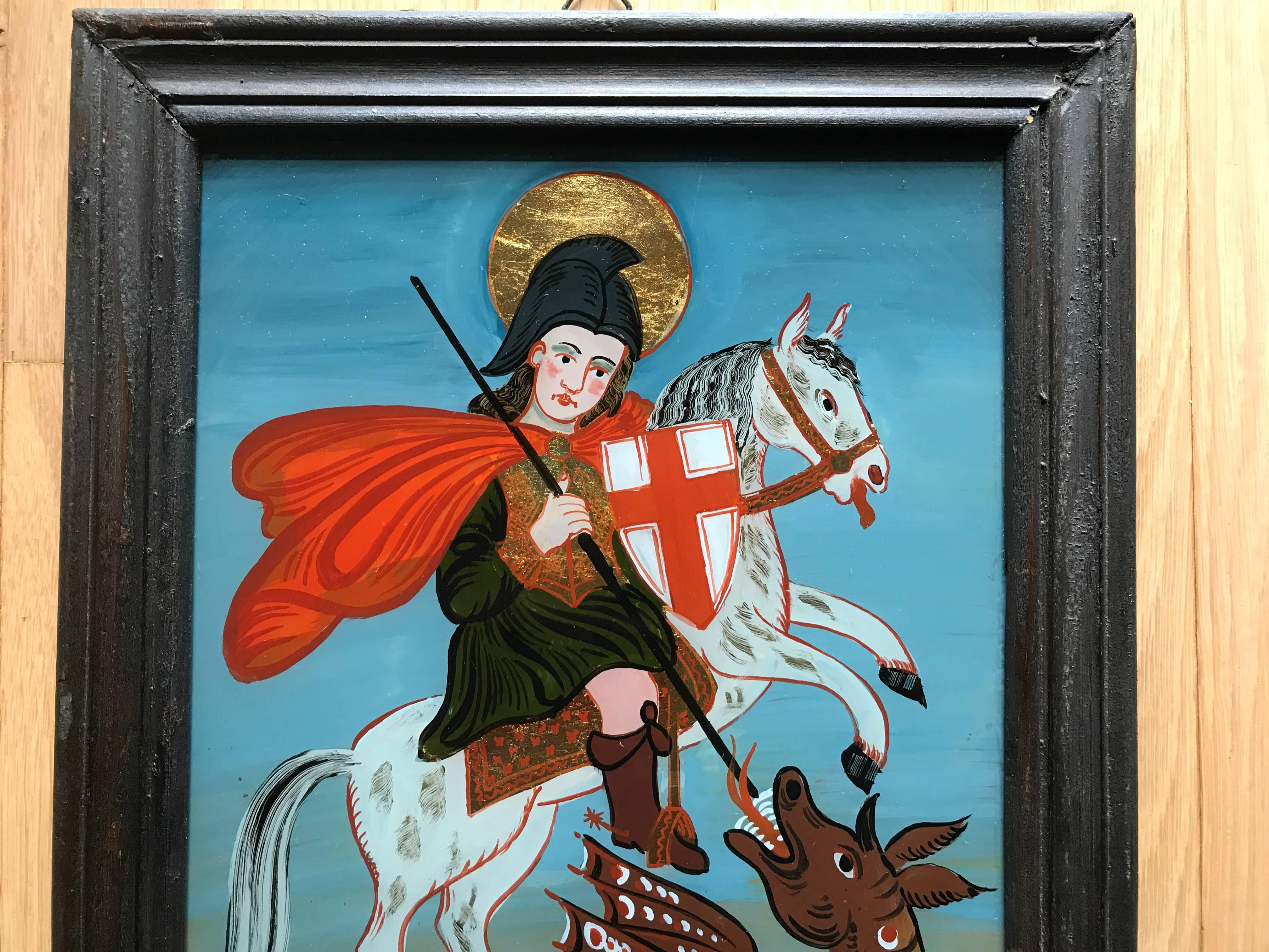 Vetro eglomizzato Dipinto su vetro inverso di Saint George e il drago in vendita