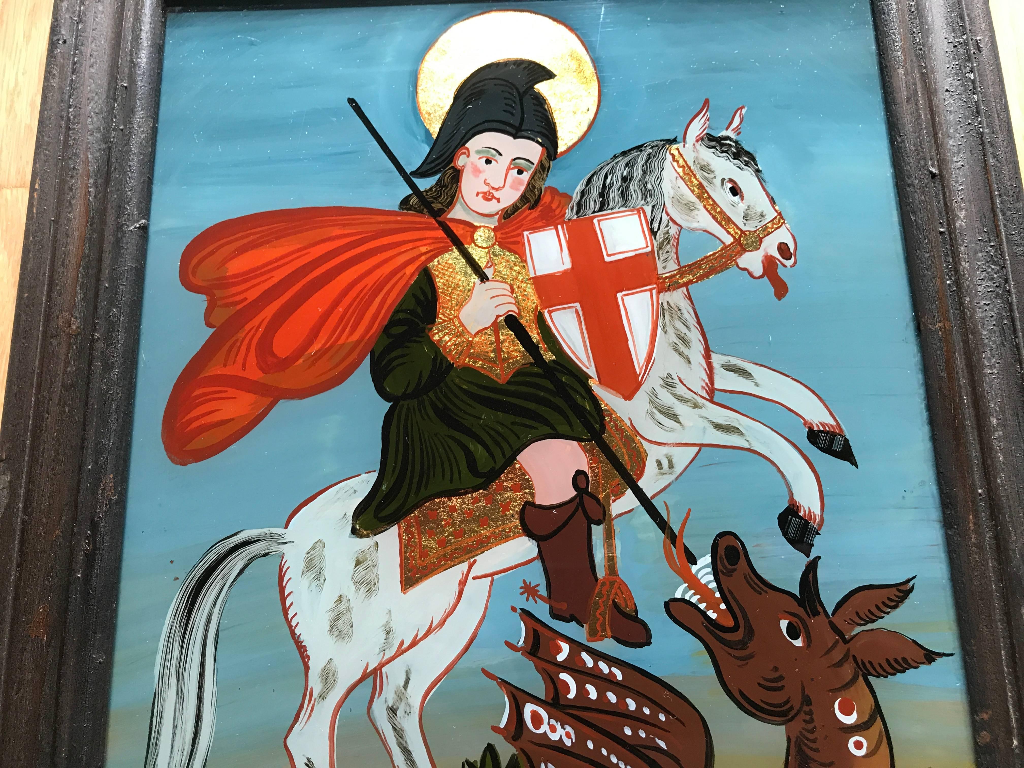 German Reverse Glass Painting of Saint George and the Dragon For Sale