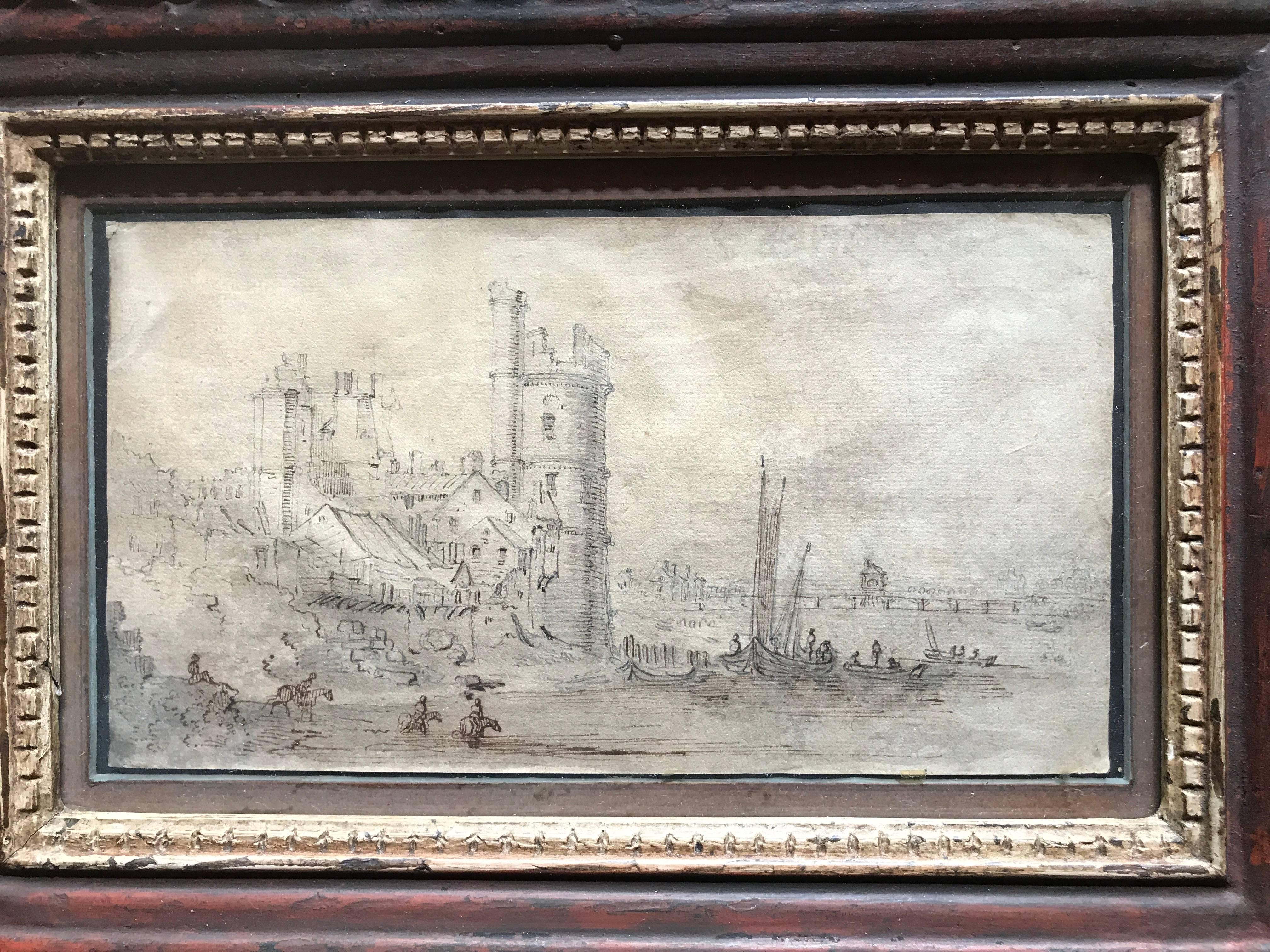 Old master drawing in open and wash on paper depicting the Tour de Nesle on the Seine across from the Lourve. In a period frame with red paint and gilding. 

According to a catalog dated 1966 accompanying the drawing from the Herbert E. Feist
