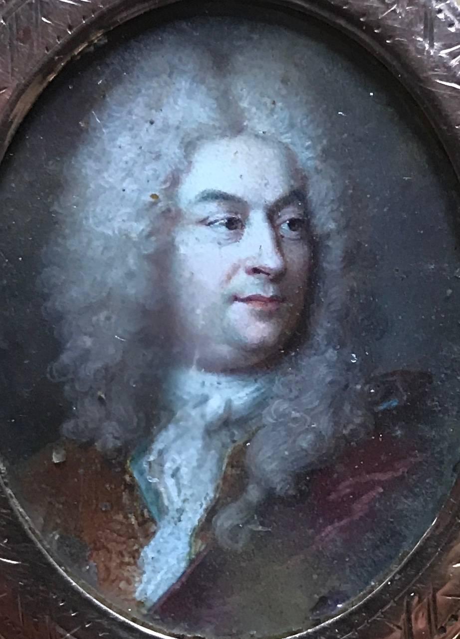 Very fine Louis XV century portrait miniature of a nobleman, or of a more important personage, perhaps from the King's Royal court. In the beautiful original oval gold frame with incised decoration. From the New England estate of a family claiming