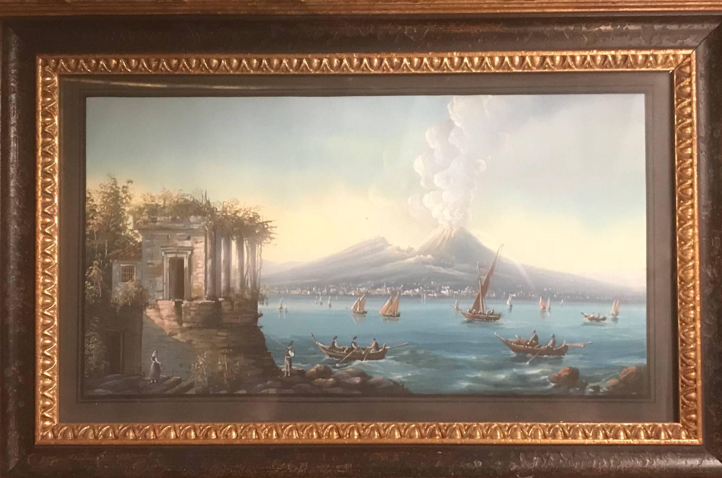 Very fine quality Grand Tour gouache showing the Bay of Naples from some ruins on shore, sailboats and fishing vessels on the water and the active volcano, Mount Vesuvius, in the background. Mounted in a gilt and ebonized neoclassical style frame.
