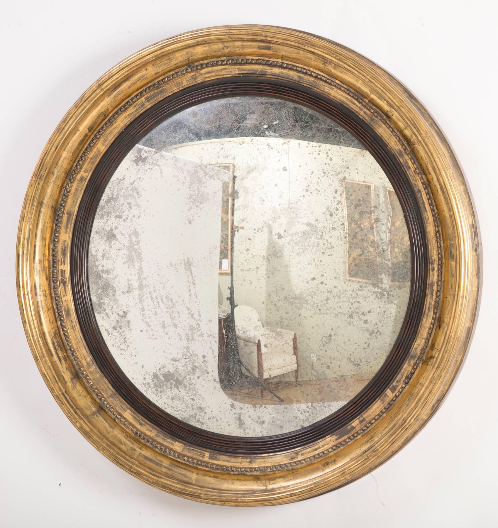 An impressive pair of English Regency gilt and ebonized wood bullseye mirrors. Rare to find a pair of these of this size and quality. giltwood frames with inner ebonized wood molding.

Measures: 38 inches diameter 4.5 inches deep.