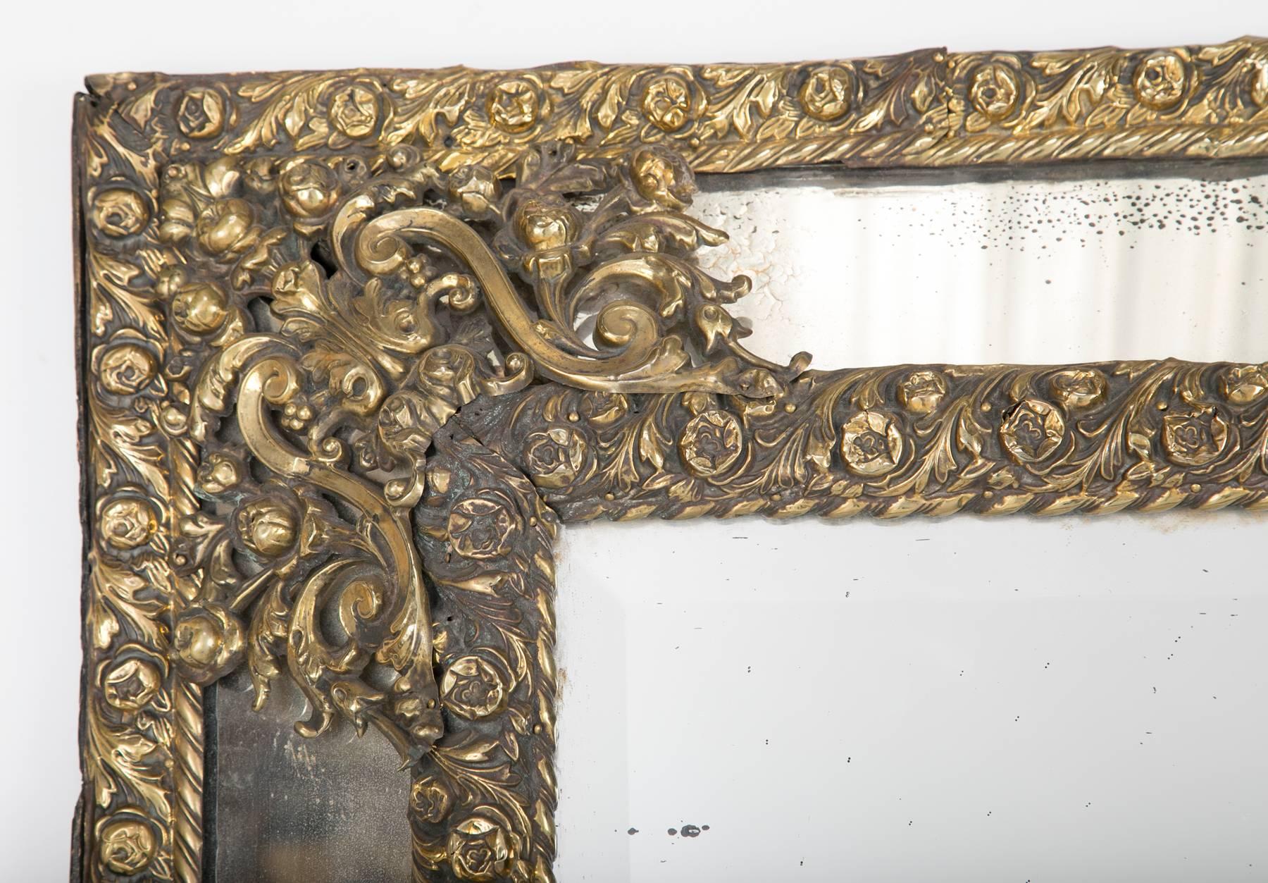 Repoussé Dutch Baroque Brass Rectangular Mirror 