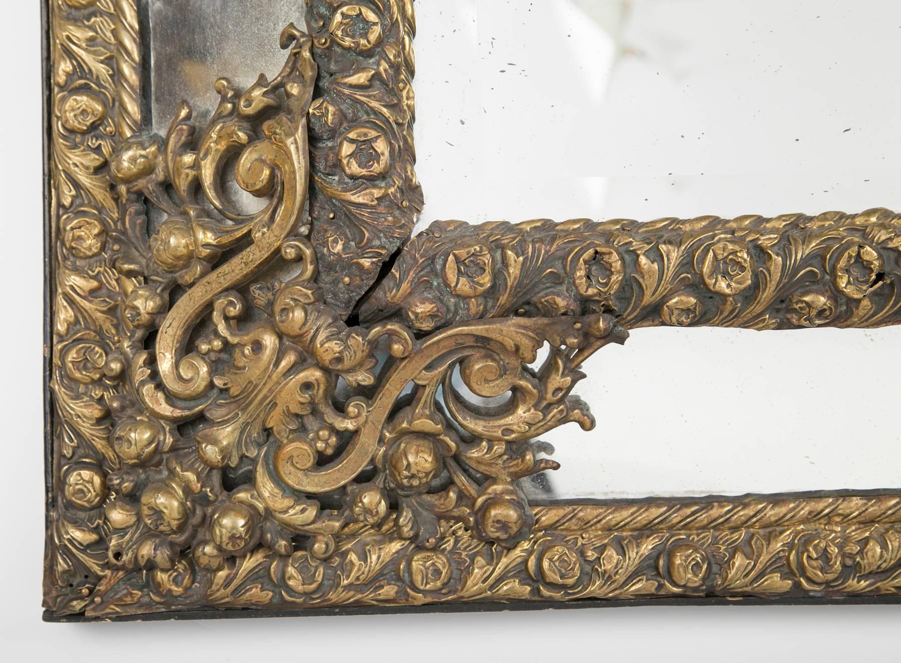 Dutch Baroque Brass Rectangular Mirror  In Excellent Condition In Stamford, CT