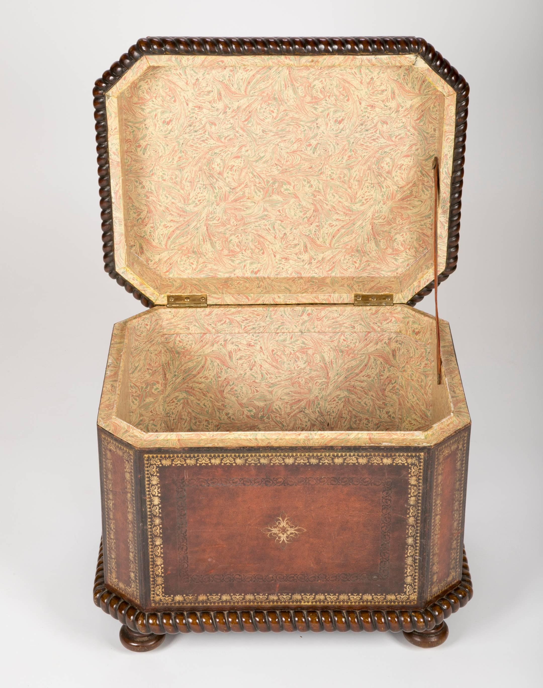 Tooled and Gilt Leather Chest with Faux Marble Interior In Excellent Condition In Stamford, CT