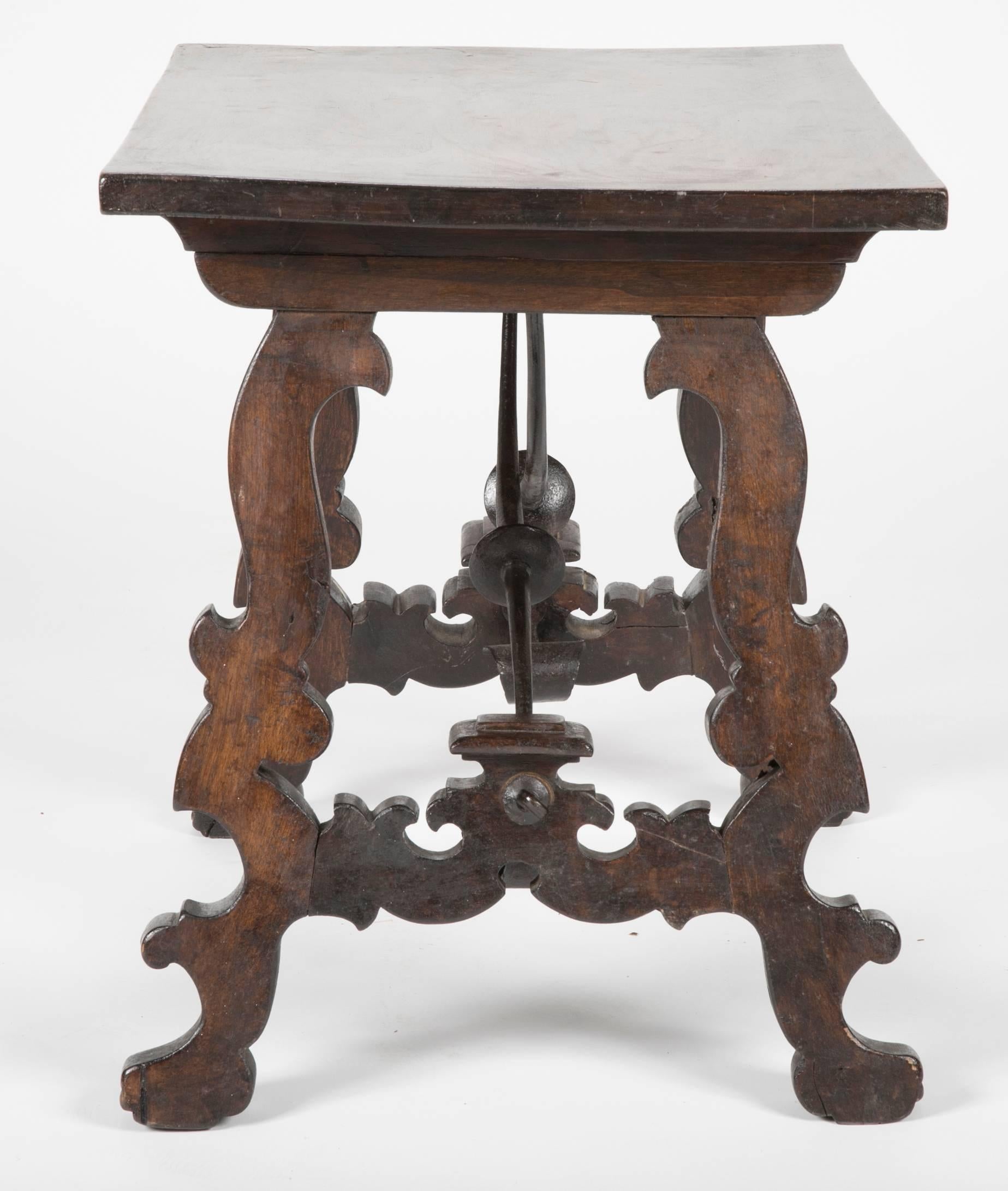 19th Century Spanish Baroque Style Walnut Side Table with Iron Stretchers 1