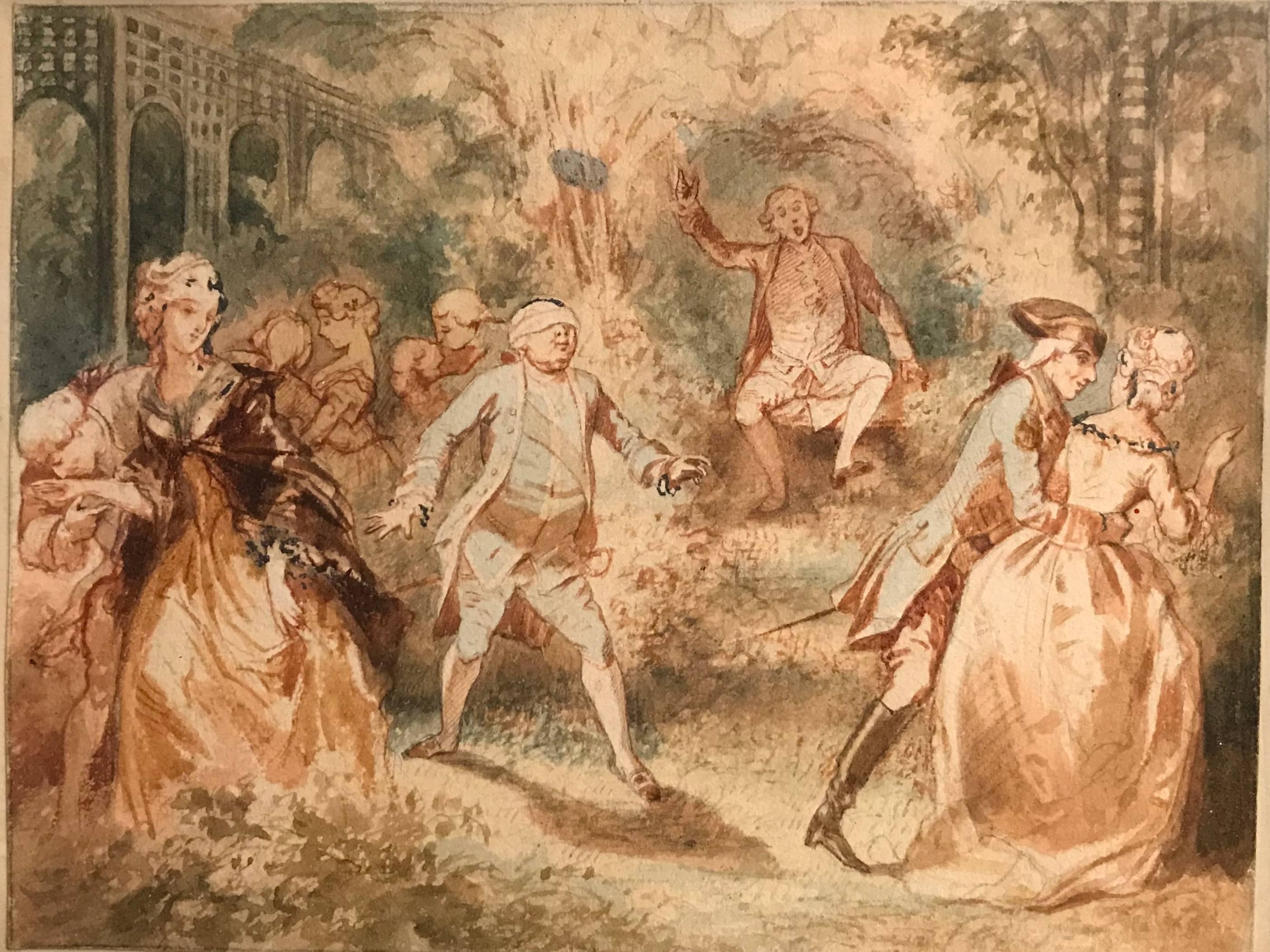 Une belle aquarelle rococo française représentant une scène amusante du jeu 