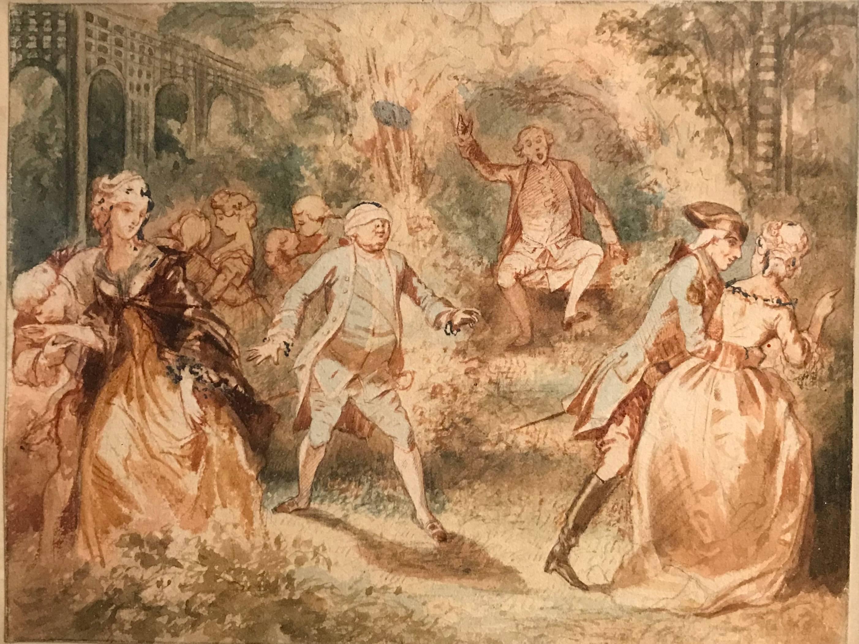 A fine French Rococo watercolor depicting and amusing scene of the game 'Blind Man's Bluff', a popular subject in 18th century Europe. Goya, Fragonard and Boucher all painted the subject. This watercolor has similarities to a painting by Nicolas