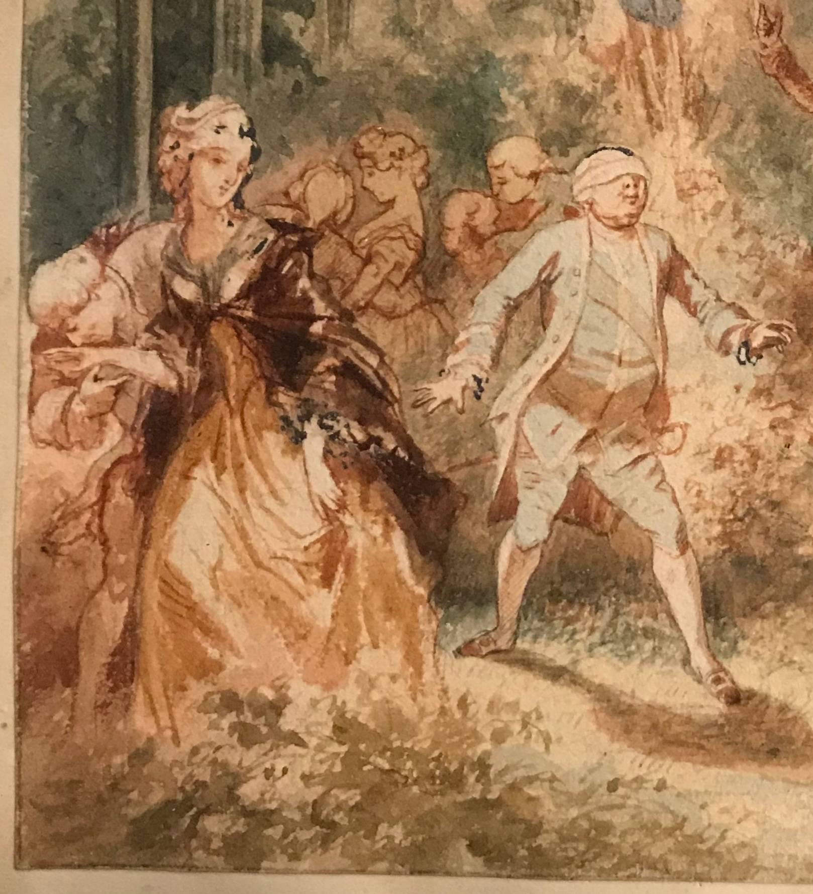 Rococo French 18th Century Watercolor 'Blind Man's Bluff'