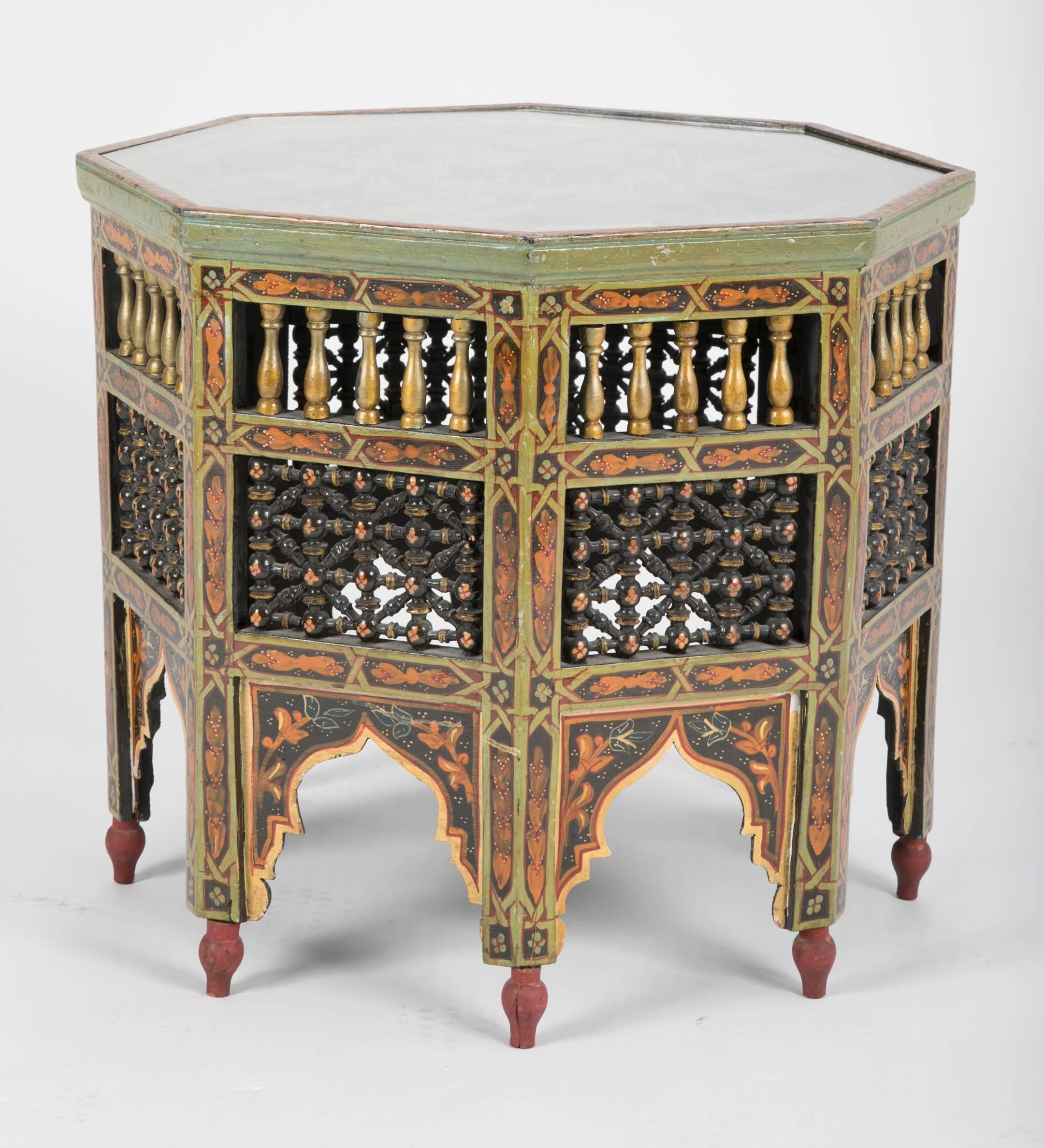 Moorish Moroccan Carved and Painted Octagonal Side Table