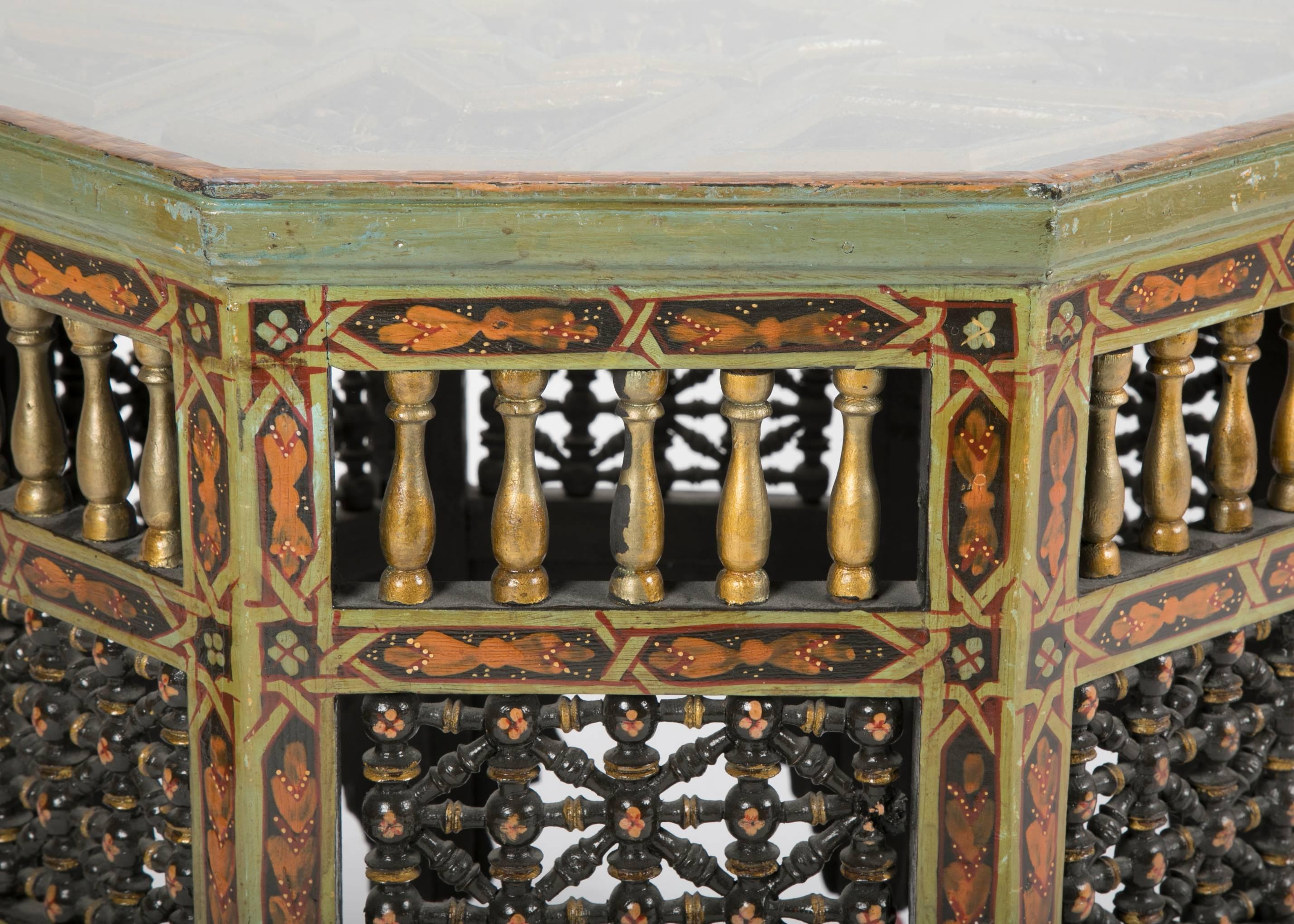 20th Century Moroccan Carved and Painted Octagonal Side Table