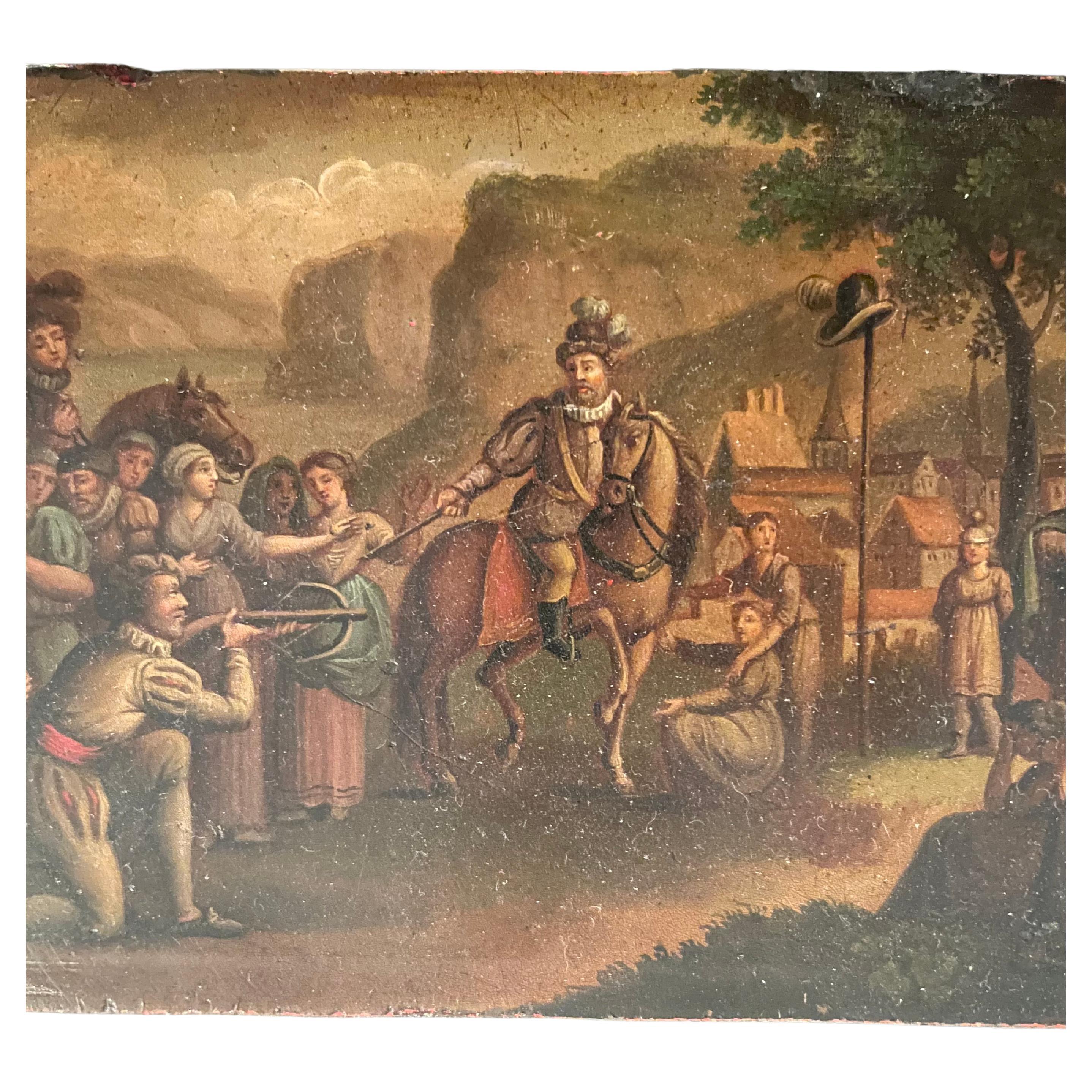 19th century miniature Swiss oil painting on tin depicting the Legend of William Tell.  Showing William Tell on bent knee aiming the crossbow at his son, bound and blindfolded against a tree with the apple on his head. Gessler is on horseback in the