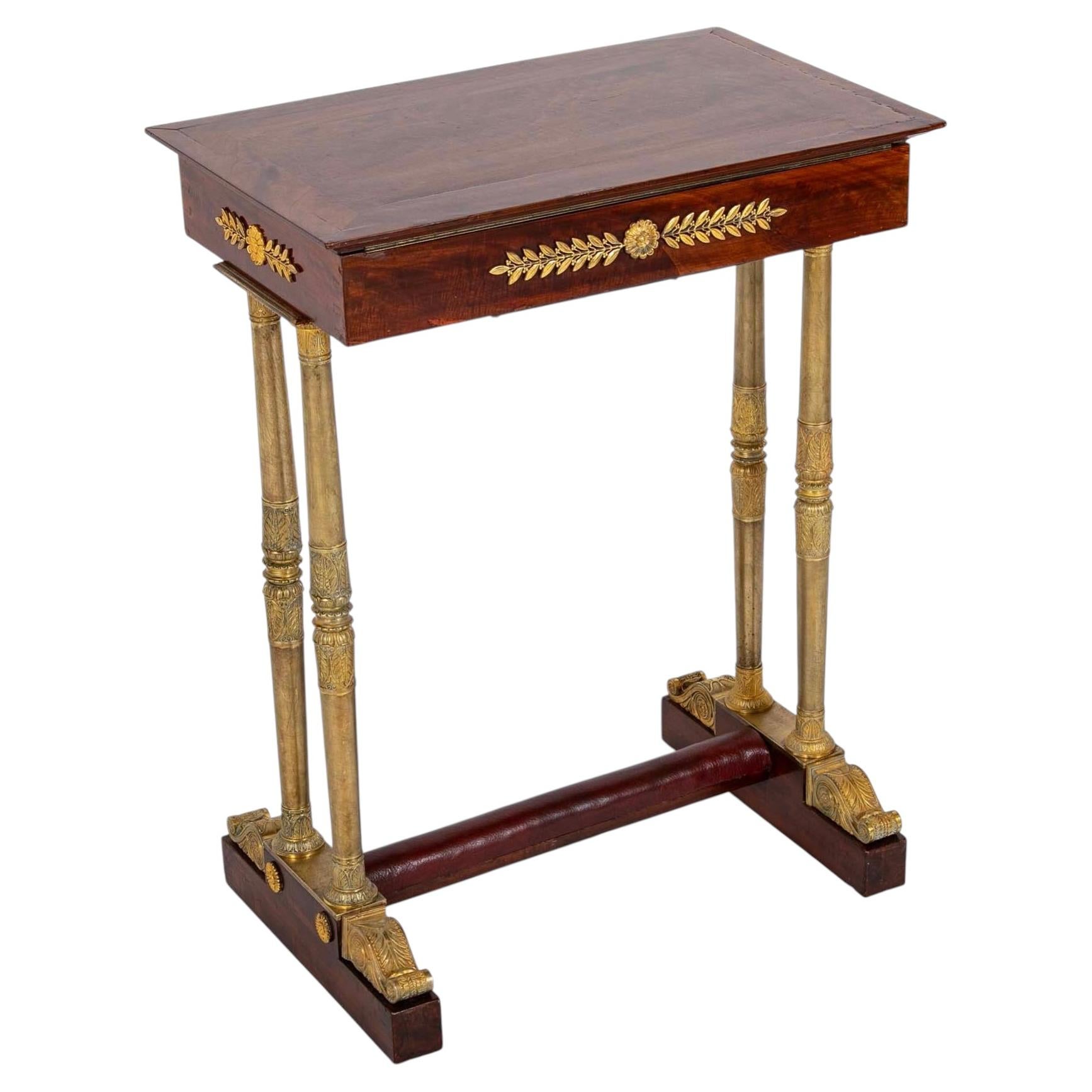 Regency Mahogany Lift-Top Side Table, Gilt Bronze Legs, French, 1815 For Sale