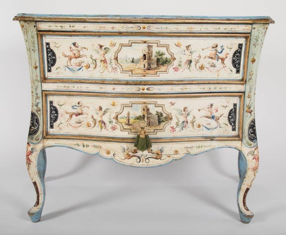 Superb Italian hand-painted two-drawer commode in the Rococo style with stunning decoration in the manner of Renaissance artist Raphael Sanzio. Dogs, birds, various insects and other creatures, gargoyles, griffins, cornucopia, fountains, urns,