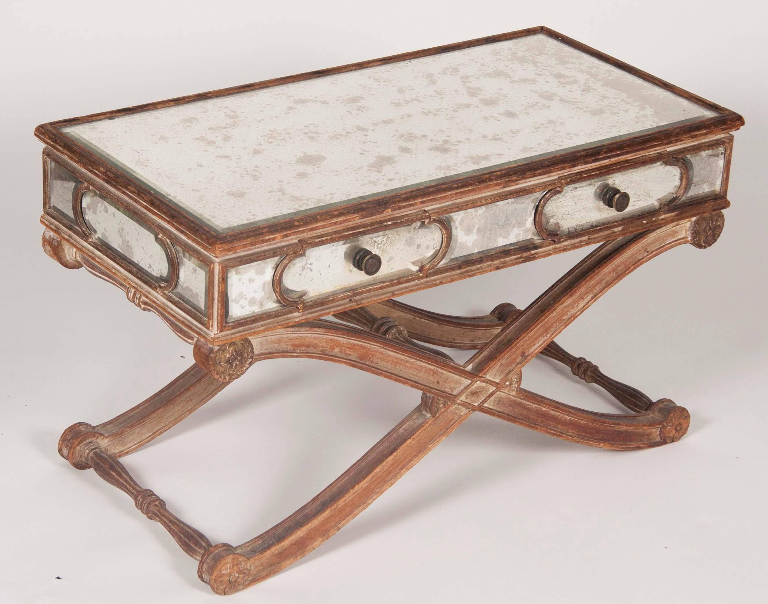 Hollywood Regency Italian Mid-20th Century Cerused Wood Mirrored Coffee Table with X-form Base For Sale