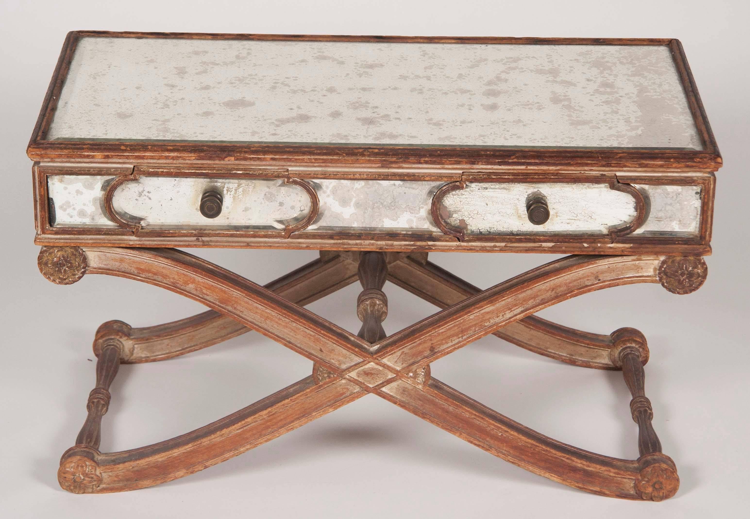 Inlay Italian Mid-20th Century Cerused Wood Mirrored Coffee Table with X-form Base For Sale