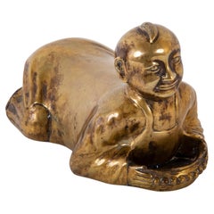 Antique Chinese Brass Opium Pillow Sculpture, Kneeling Boy, Circa 1900