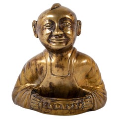Antique Chinese Brass Opium Pillow Sculpture, Kneeling Boy, Circa 1900