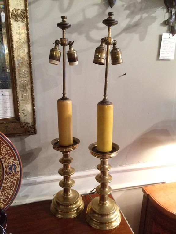 Pair of Baroque Style Brass Candlestick Lamps at 1stdibs