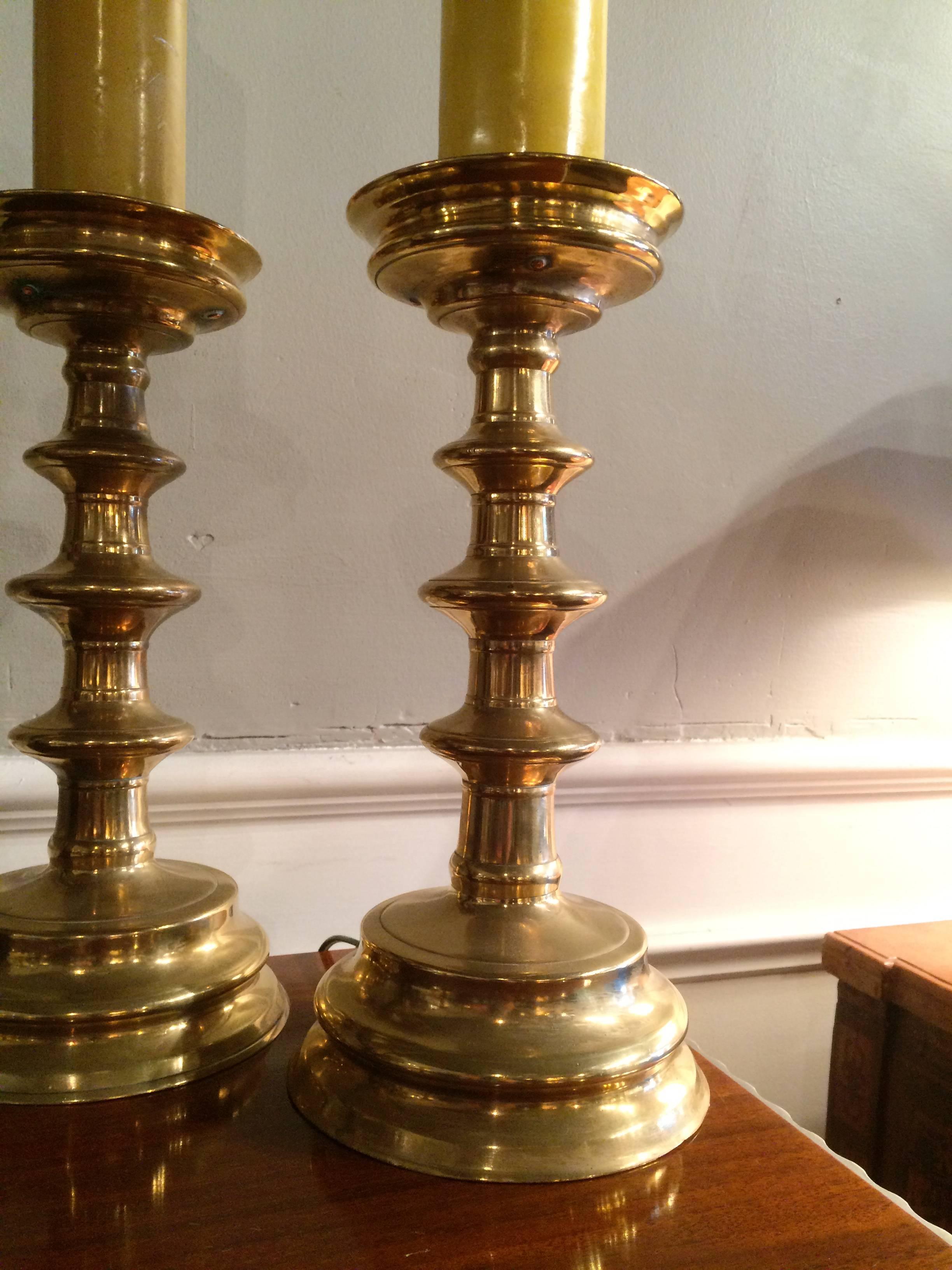 19th Century Pair of Baroque Style Brass Candlestick Lamps