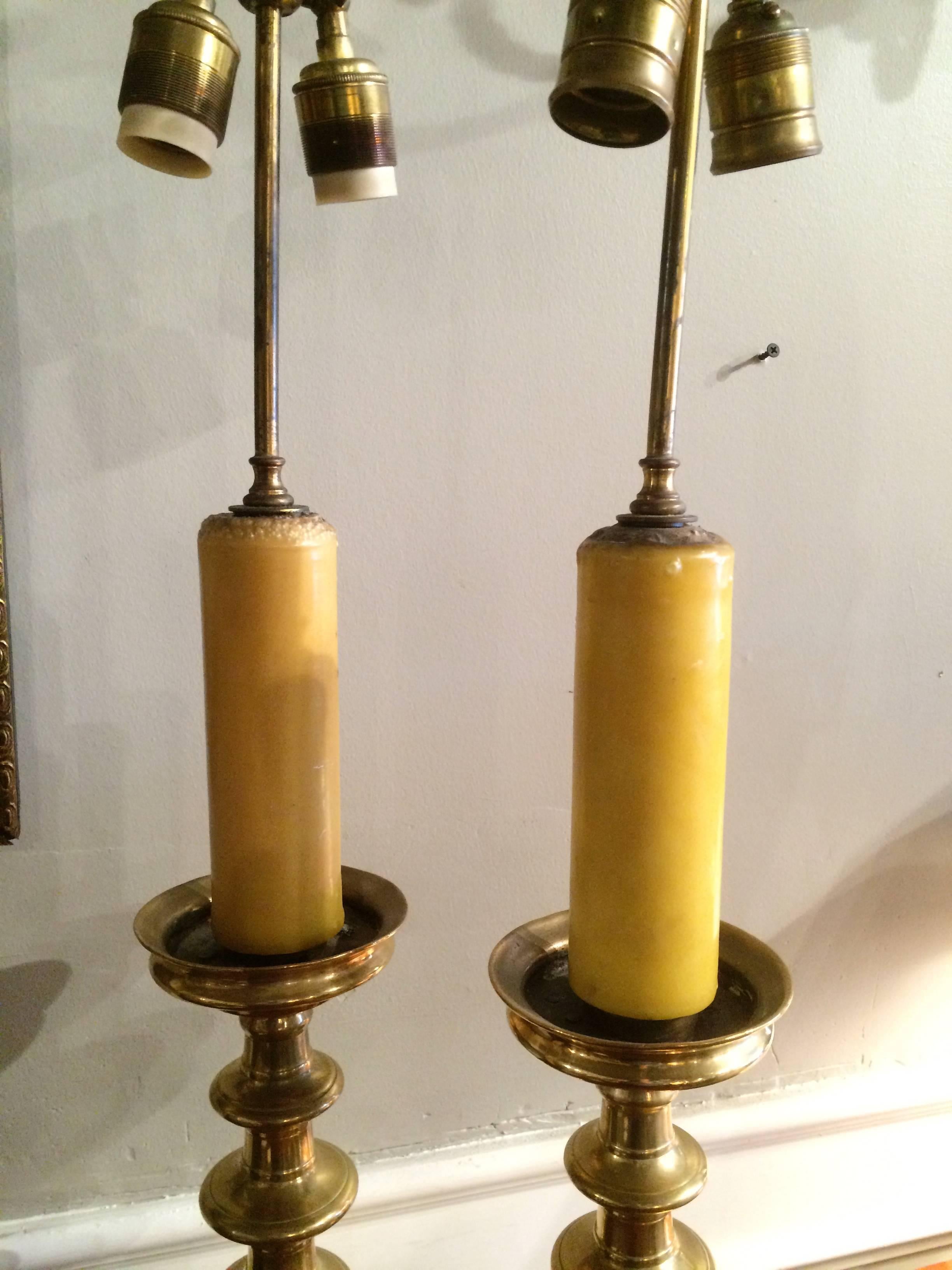 Pair of Baroque Style Brass Candlestick Lamps In Excellent Condition In Stamford, CT